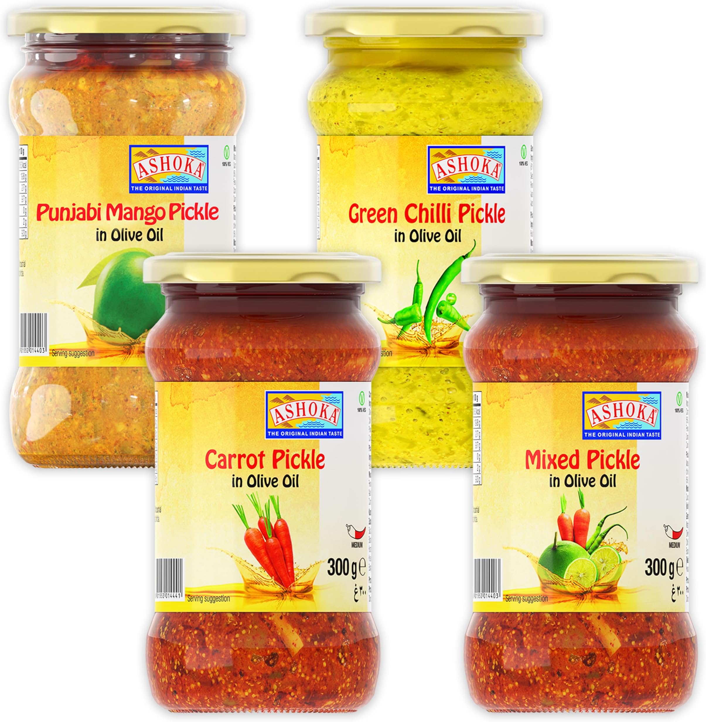 Ashoka 1932 | All Natural Pickle in Olive Oil | Traditional Indian Achaar | Pickle Sampler | Popular Indian Condiment | Medium Spiced | Vegan | Kosher Certified | Pack of 4