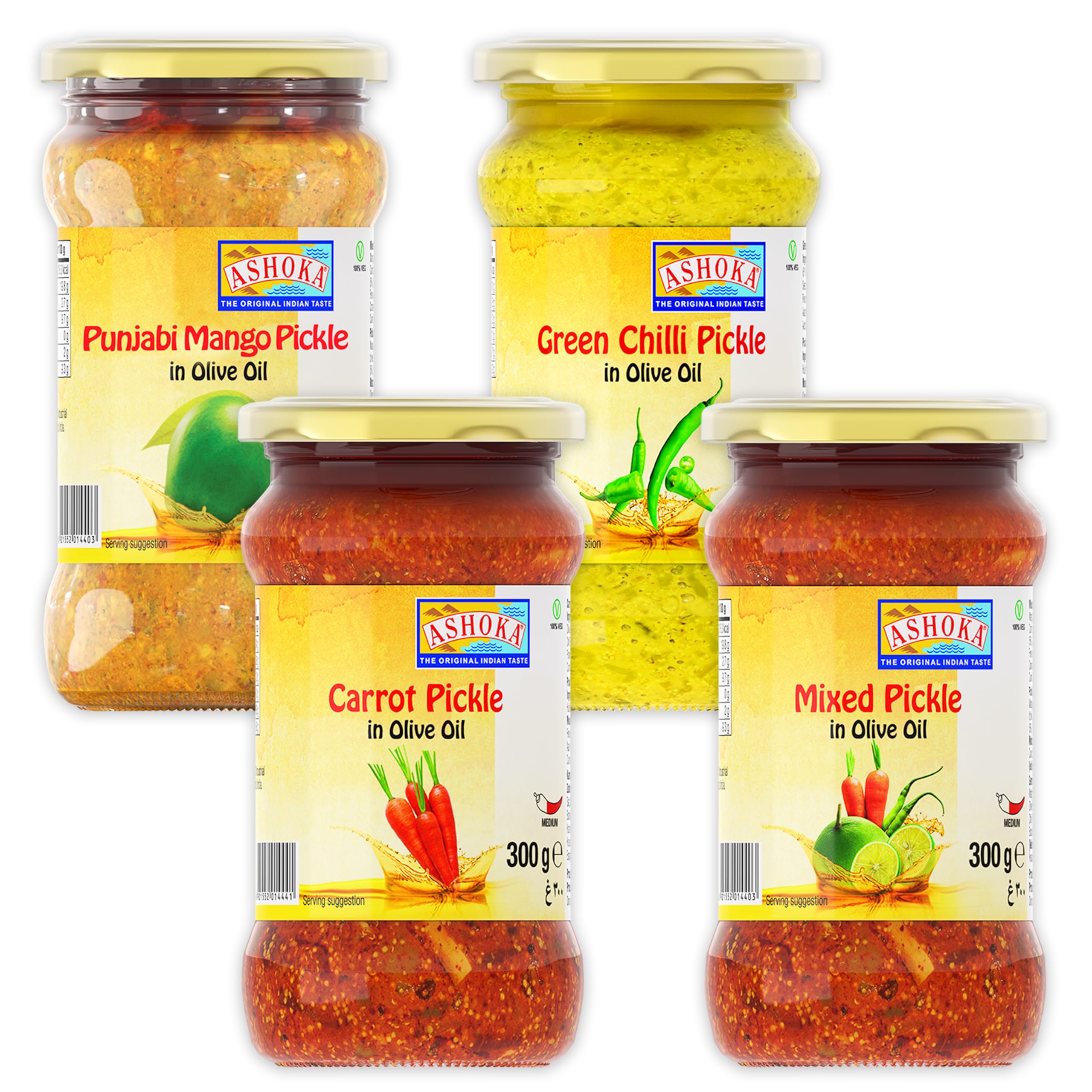 Ashoka 1932 | All Natural Pickle in Olive Oil | Traditional Indian Achaar | Pickle Sampler | Popular Indian Condiment | Medium Spiced | Vegan | Kosher Certified | Pack of 4