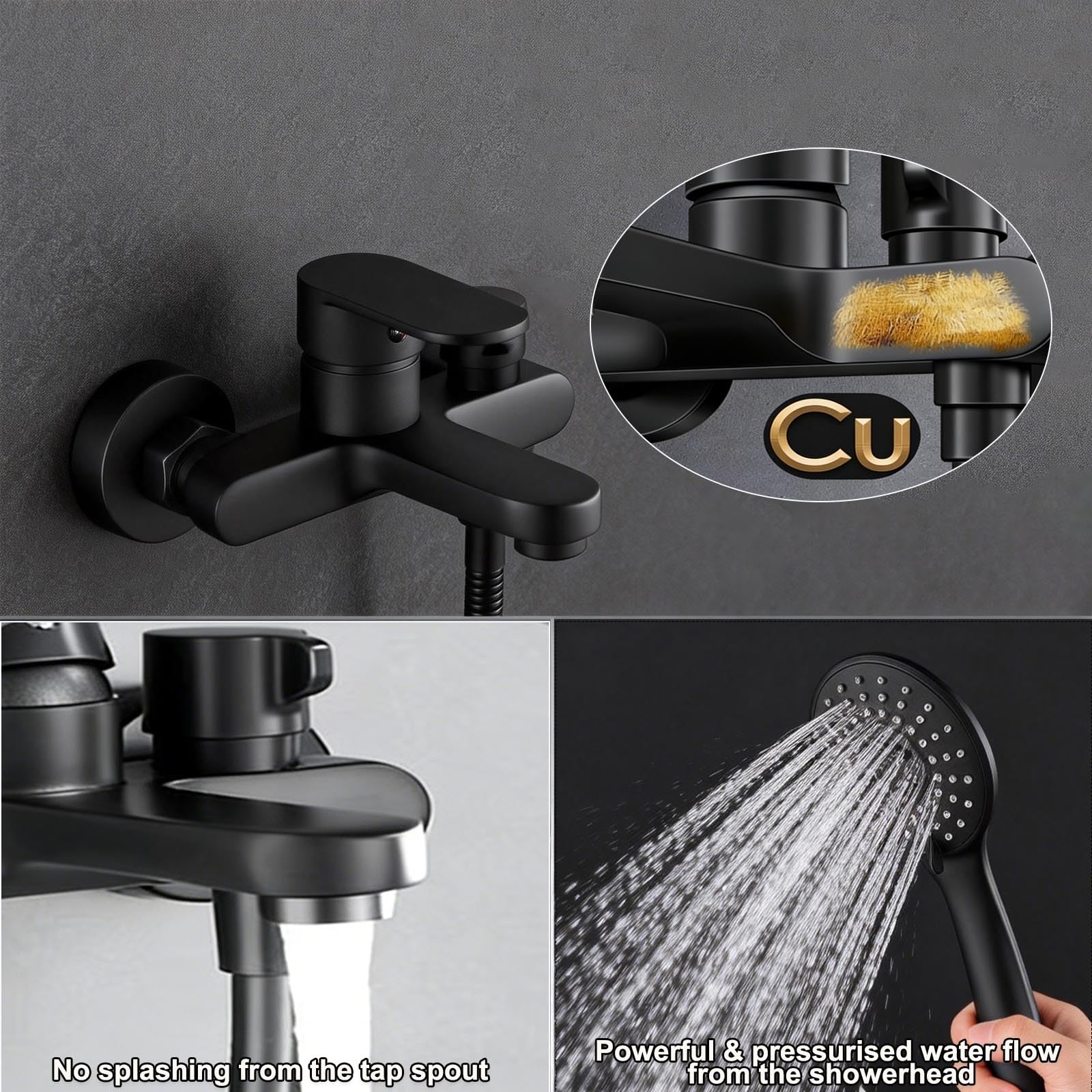 Conjunto de grifería para bañera negro con ducha de mano, grifería para bañera con cabezal de ducha de 3 funciones, manguera de PVC de 1,5 m, montaje en pared de 15 cm y boquilla anti-atasco, juego de