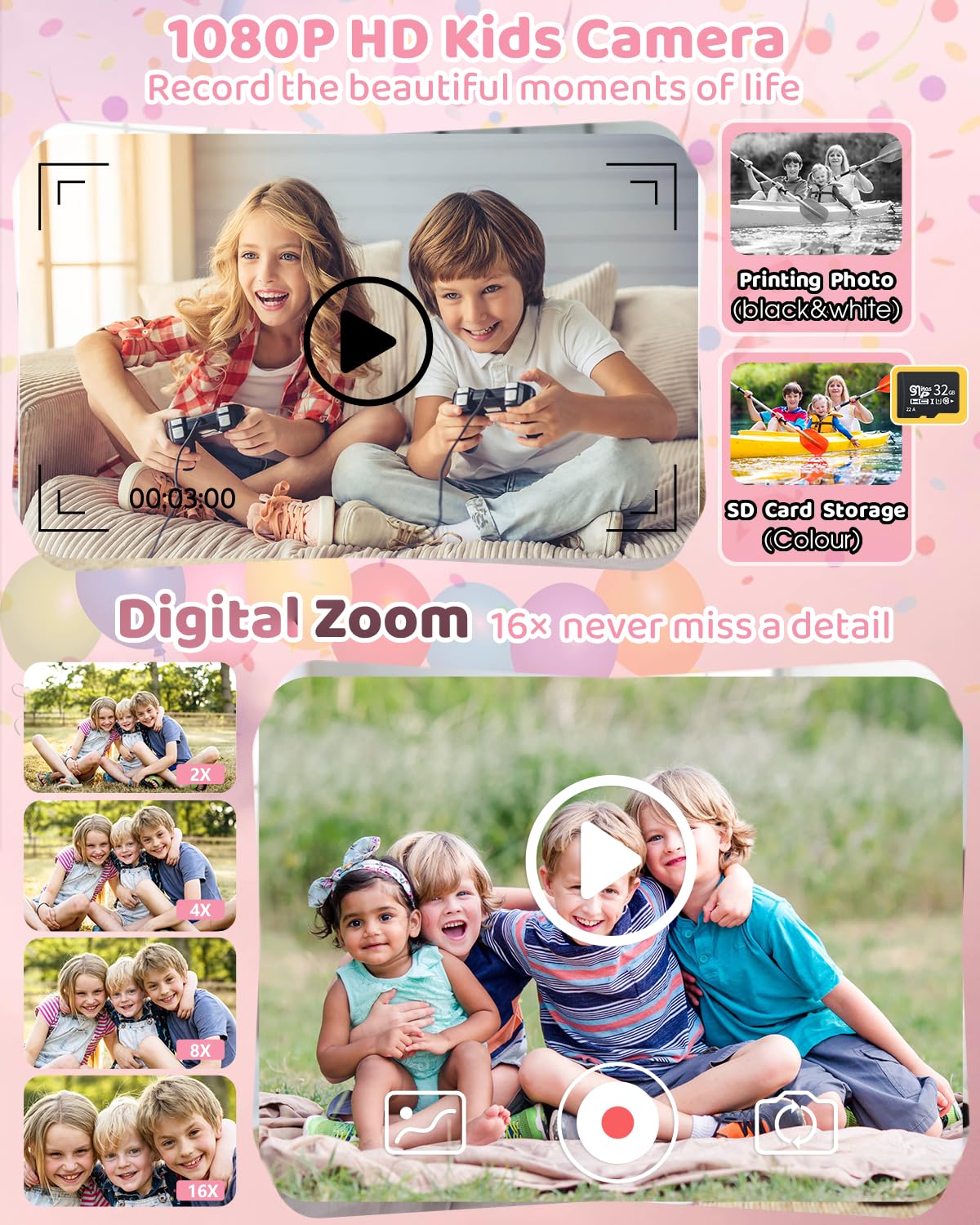 Cámara de impresión instantánea para niños con 3 rollos de papel de impresora, cámara digital 1080P para niños de 3 a 12 años con tarjeta SD de 32 GB, regalos de Navidad y cumpleaños para niñas y