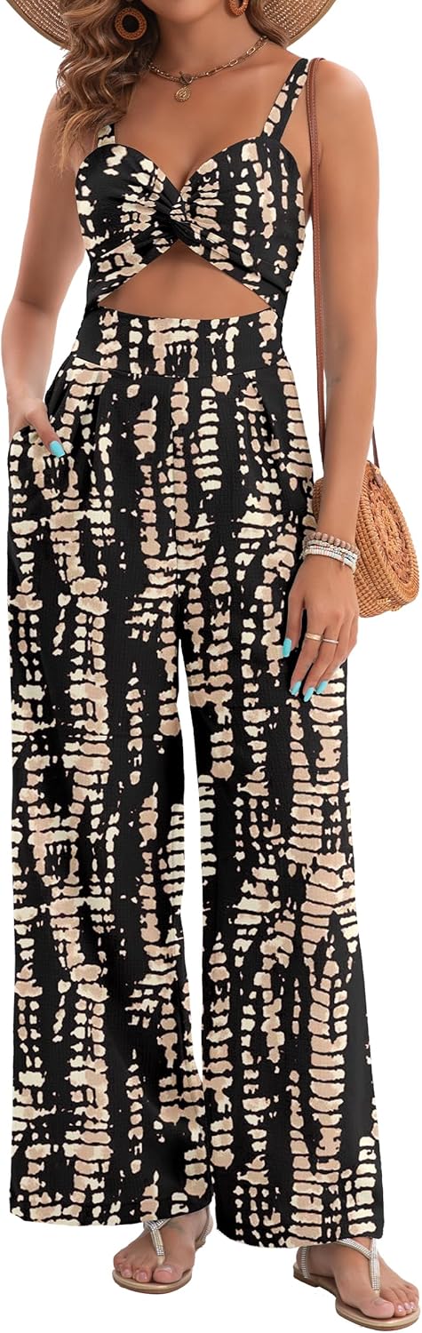 Womens Summer Jumpsuits Dressy Sexy V Neck Twist One Piece Outfits Sleeveless Casual Wide Leg Long Pant Rompers