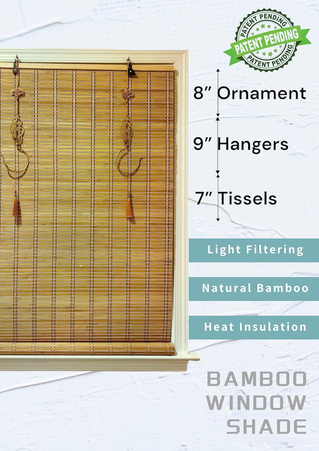 THY COLLECTIBLES Cordless Bamboo Window Blind Sun Shade, Light Filtering Roller Shades with Oriental Themed Decorative Brass Hooks (Bamboo Natural, W36 X H72)