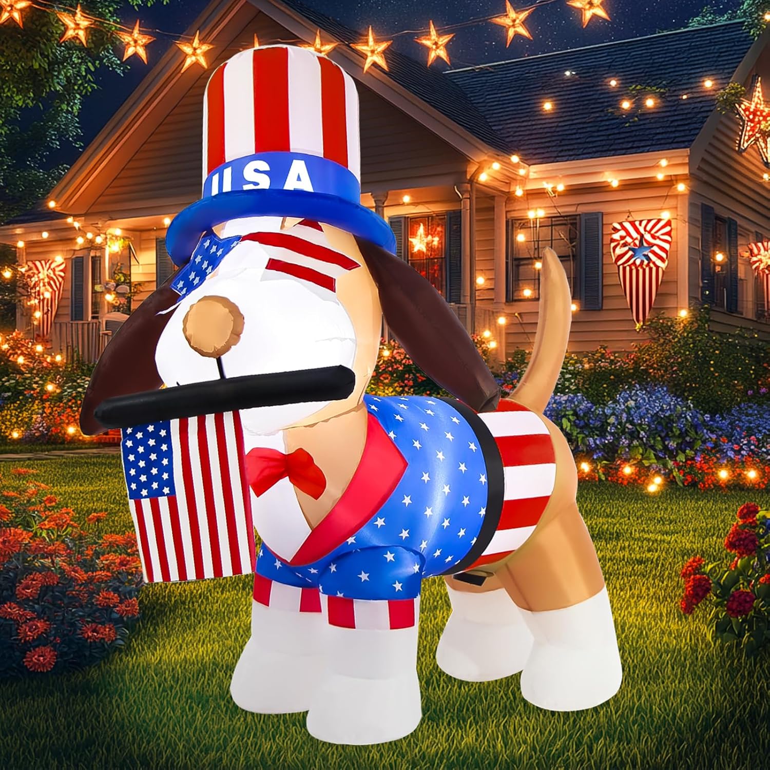 4th of July Inflatables 4FT Dog with American Flag Independence Day Blow Up Puppy Inflatable Yard Decorations with Built-in LEDs for Holiday Party Indoor Outdoor Yard Garden Lawn