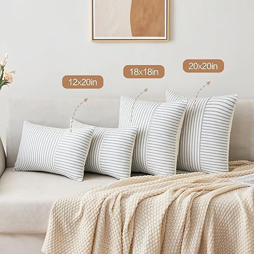 Miniatura 9 de MIULEE Juego de 2 fundas de almohada decorativas de lino a rayas azul real y beige de 16 x 16 pulgadas, fundas de almohada decorativas modernas para