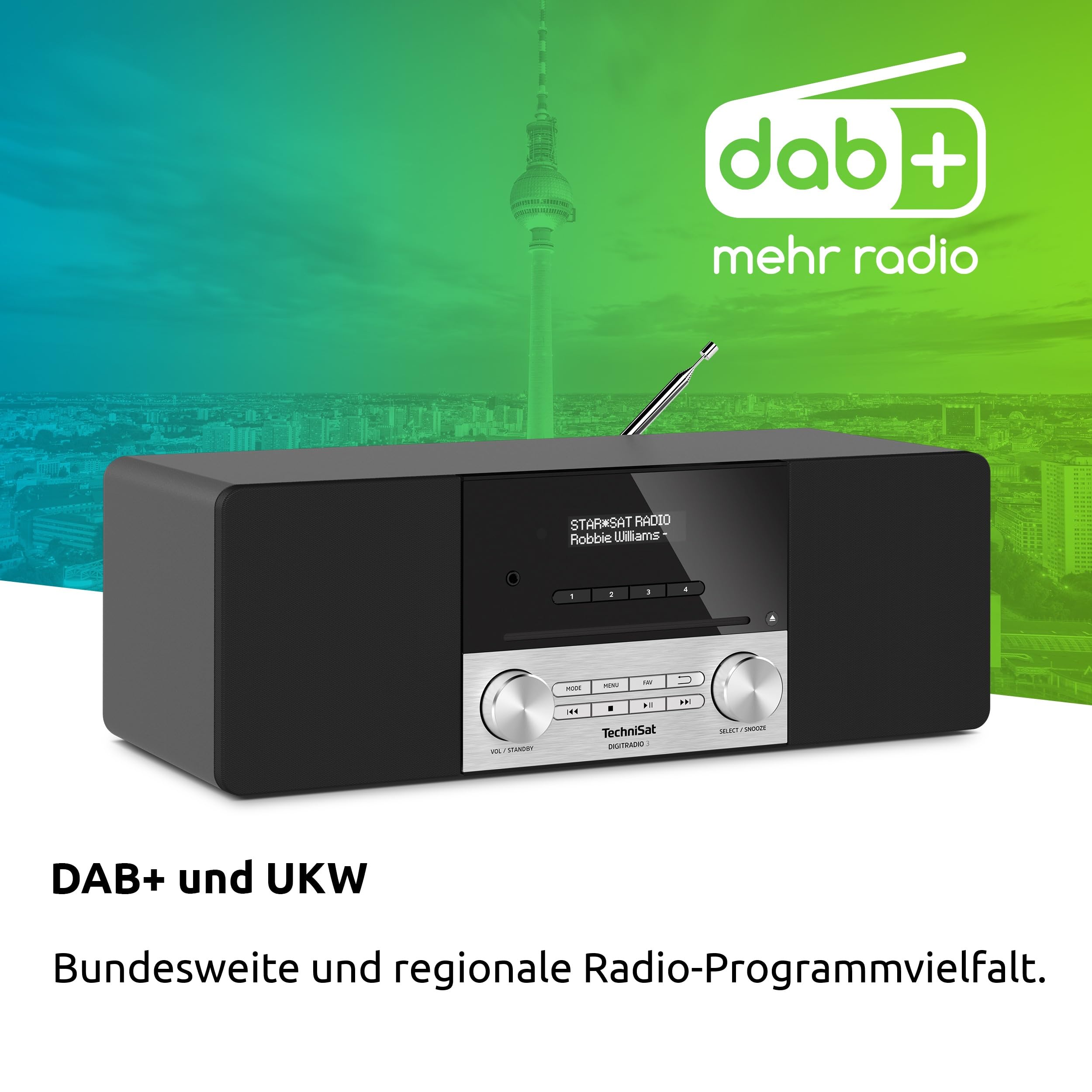 TechniSat DIGITRADIO 3 - Stereo DAB Radio Kompaktanlage (DAB+, UKW, CD-Player, Bluetooth, USB, Kopfhöreranschluss, AUX-Eingang, Radiowecker, OLED Display, 20 Watt RMS) schwarz