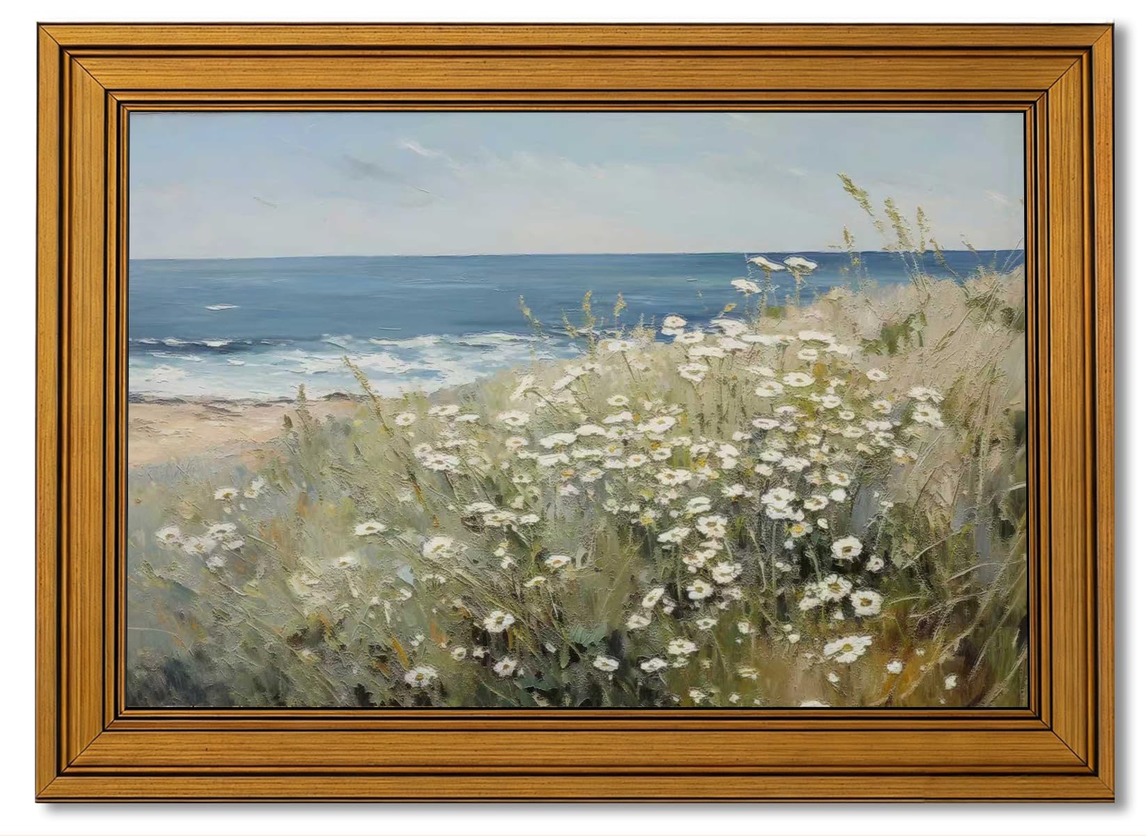 Vintage Gold Framed 3D Textures Wall Art Coastal Landscape Painting Picture Wall Decor Wildflower Seascape Poster Print Artwork