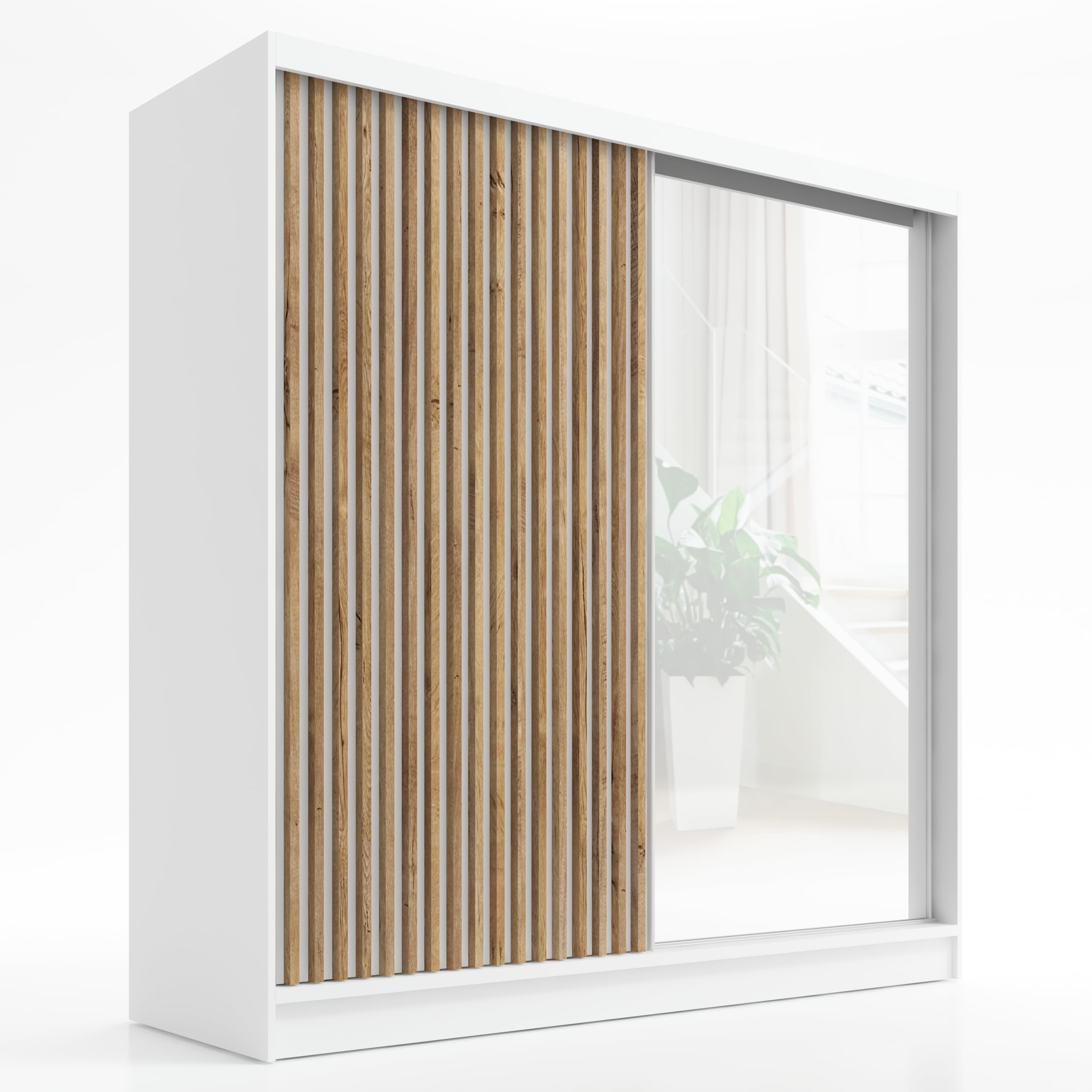 A&J MöbelLand Schwebetürenschrank LINA Kleiderschrank 200 cm mit Spiegel, 3 Schubladen & 3D-Lamellen (Weiß)