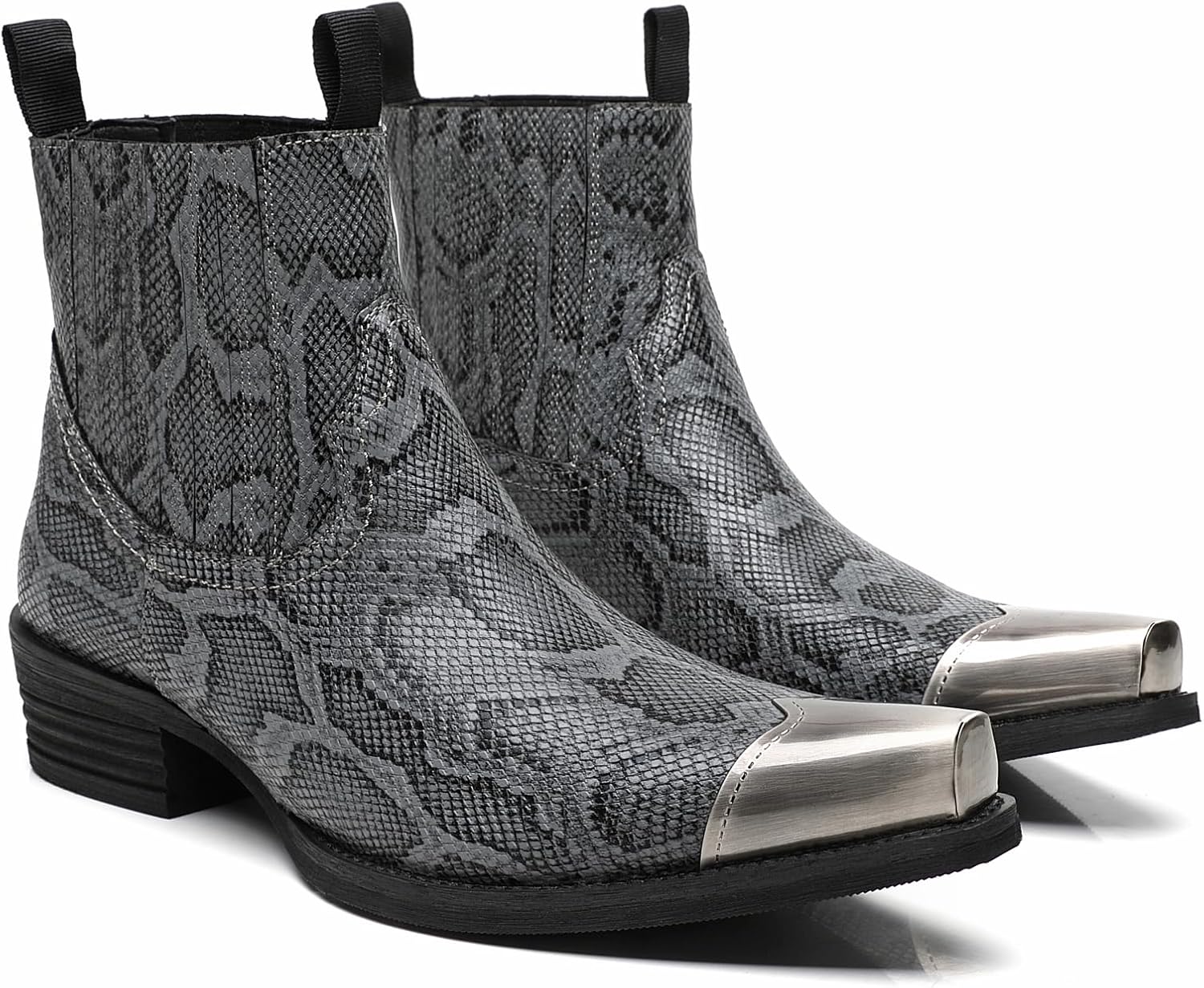 Men's Steel Toe Cowboy Boots Metal-Toe Cowboy Work Boots Python Print Exotic Leather Boots Low Top Pull-On Design Elastic Band Detail Versatile For Weddings Gatherings & Casual Wear