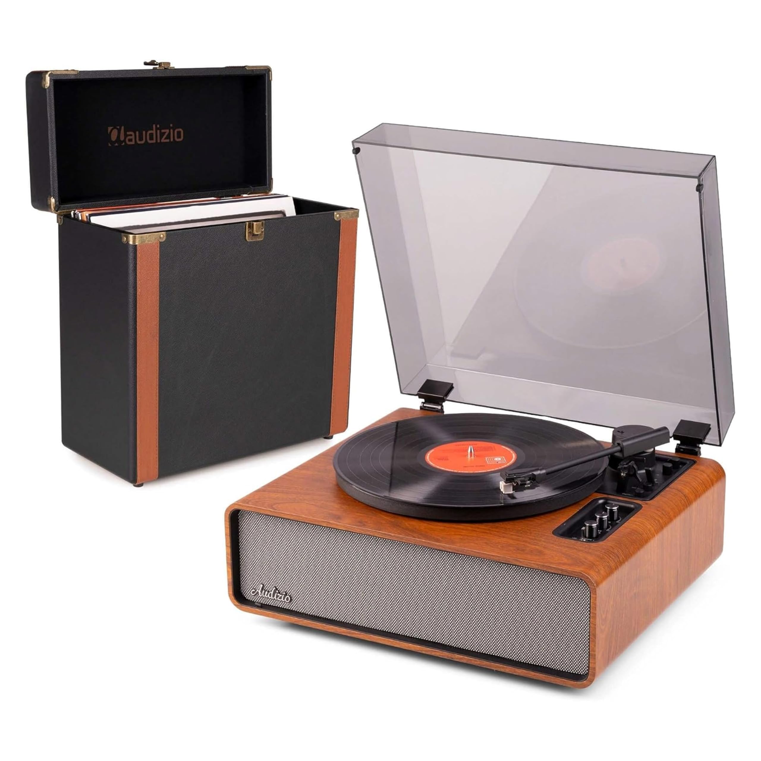 Audizio Laredo - Tocadiscos con BT portátil + Maleta RC37 marrón Oscuro | Bluetooth incorporado, diseño portátil y cápsula Audio Technica, sonido estéreo, para tu salón de estilo retro clásico