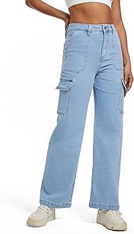Women Cargo Jeans High Waist Y2K Straight Leg Trendy Stretchy Lightweight Jeans for Women