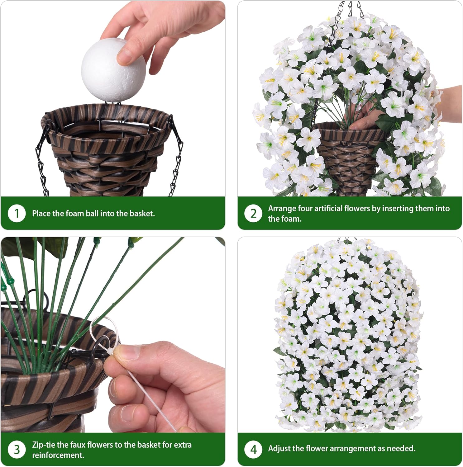 HyeFlora Artificial Flowers with Basket for Outdoors, 3pcs Faux Hanging Morning Glory Silk Fake Flowers Lifelike Plants UV Resistant Flowers for Outside Planter Patio Garden Porch Decor (White)