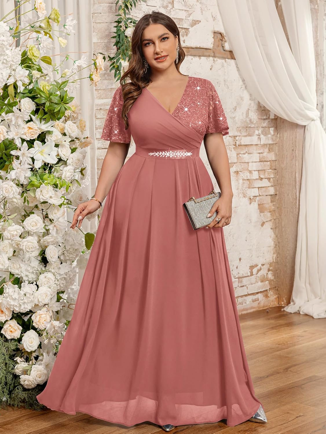 MISSMAY Women's Plus Size Wrap V Neck Sequins Lace Contrast Chiffon Formal Maxi Dress with Rhinestone Ribbon Waist - Image 4