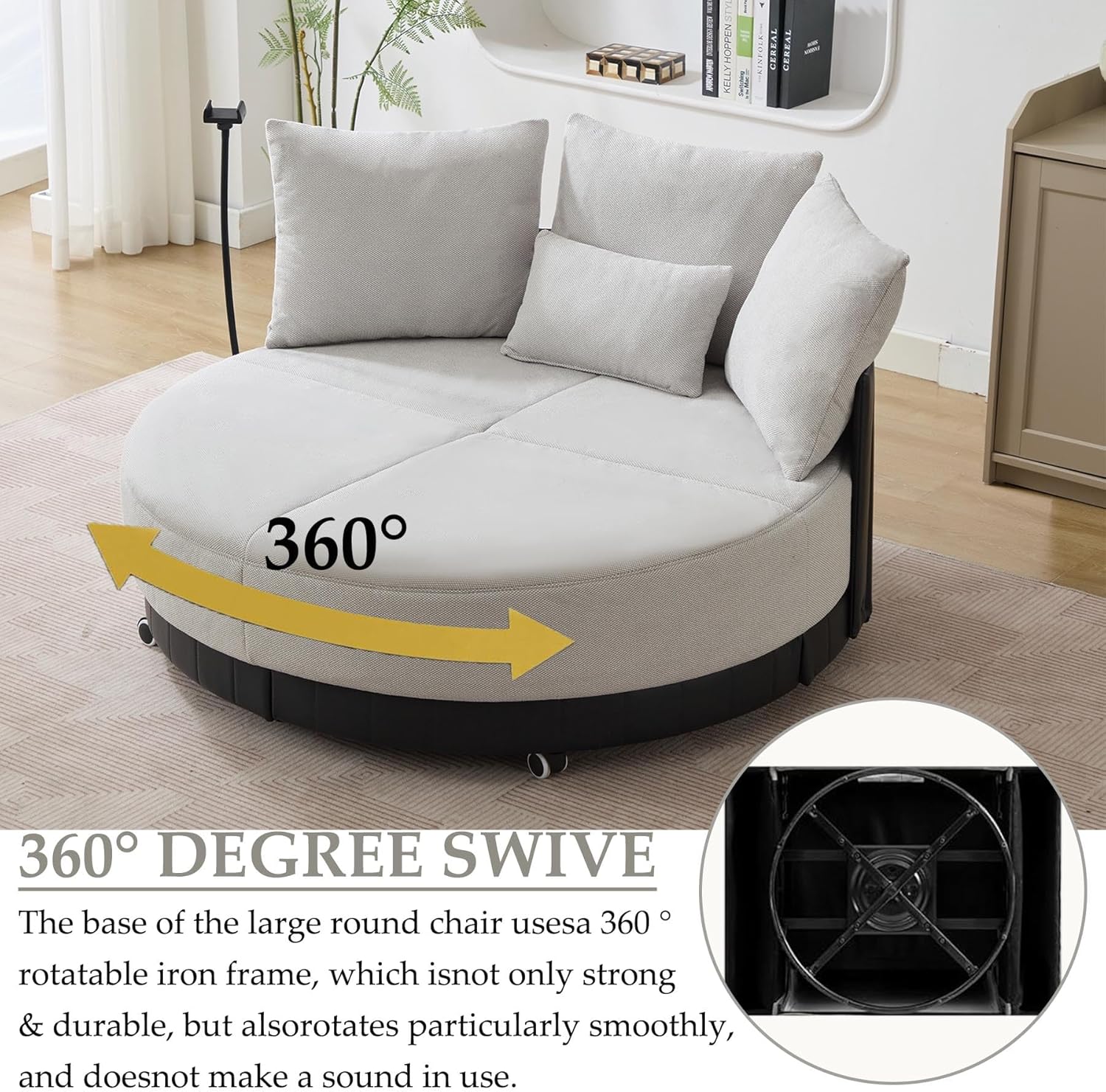 Anwick 52'' Oversized Round Swivel Chair,360° Swivel Chair with Adjustable Phone Holder and 4 Pillows, Upholstered Couples Chair with Rotating Pulley for Living Room, Bedroom, Lounge, Hotel (Gray)