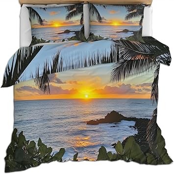 Coastal Bedding Set, Hawaii Islands Duvet Cover, Tropical Palm Trees Comforter Set, Soft Breathable with Zipper Closure Duvet Cover King 3 Pieces 104x90, 2 Pillow Shams