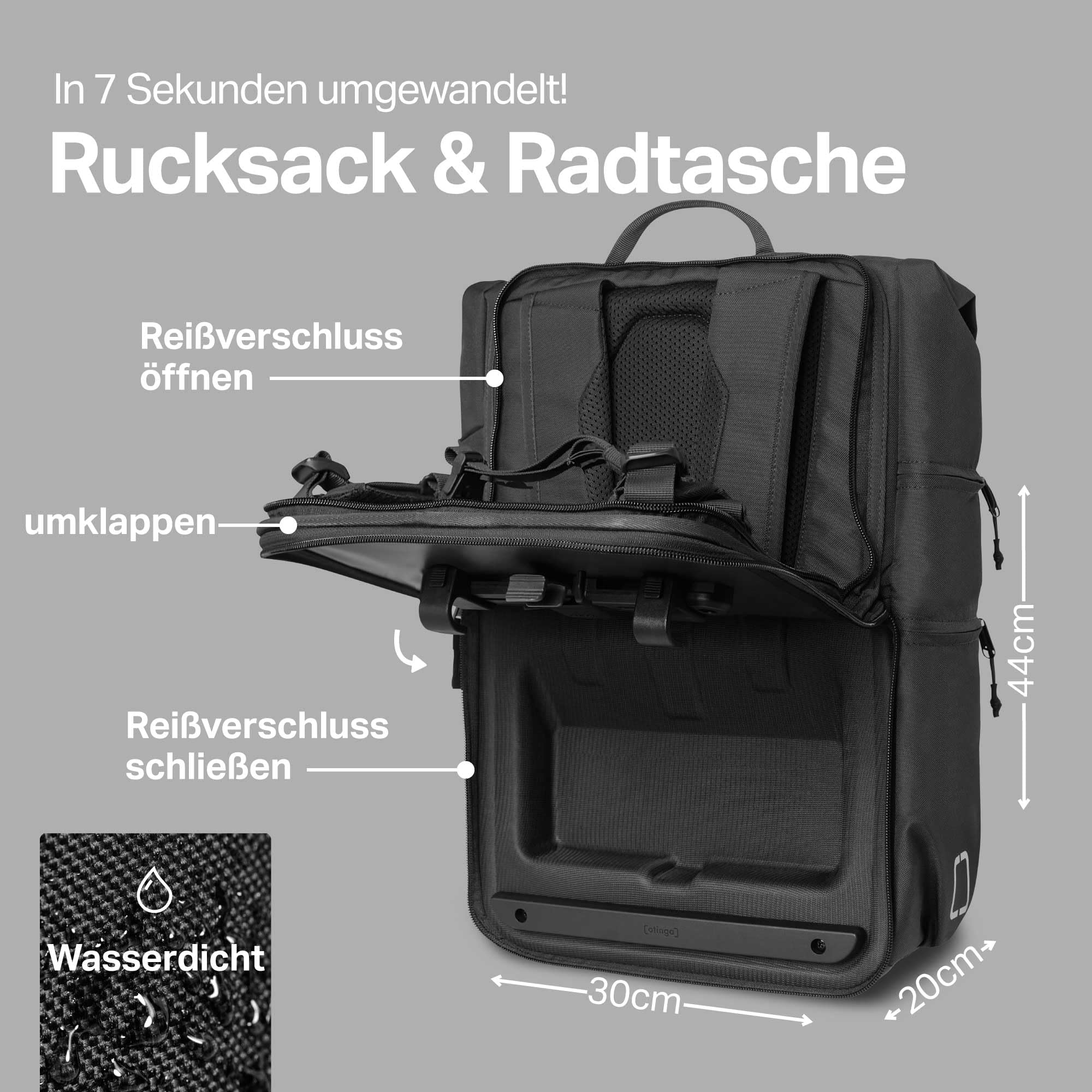 otinga Borsa flip per bicicletta [volume 34 l] per ogni portapacchi, elegante borsa per portapacchi con zaino – convertita in 3 secondi, impermeabile per bicicletta, Blu artico completamente