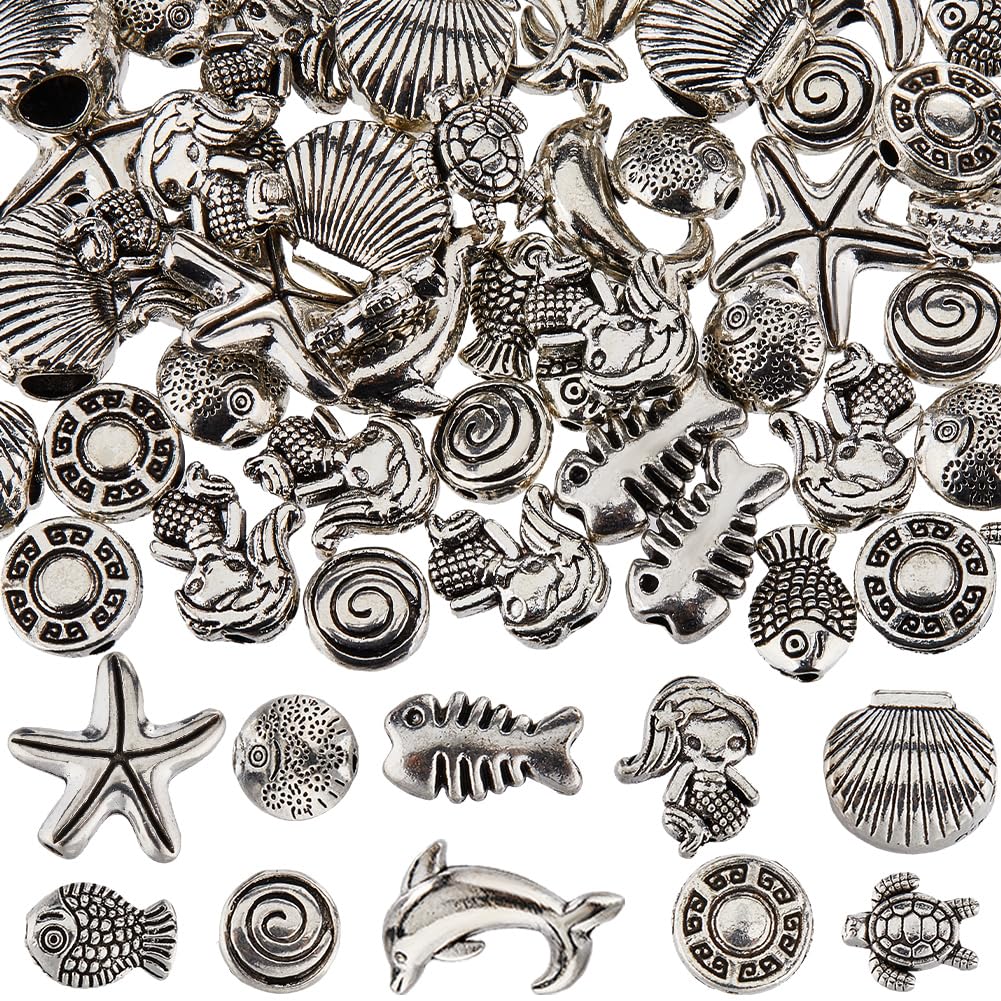 100 Perline A Tema Oceano In Argento Anticato: Stelle Marine, Delfini, Conchiglie E Polpi Per I Tuoi Gioielli Fai-da-te!