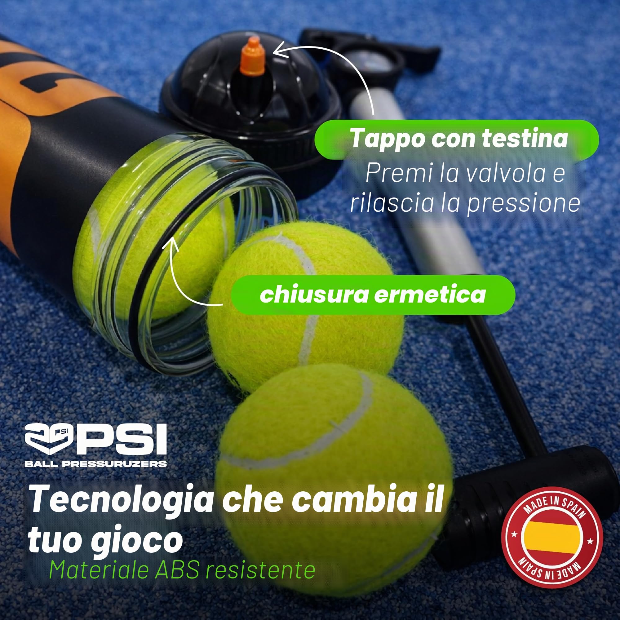 TUBOPLUS 29PSI - Pressurizzatore di palline da tennis e da paddle | Mantiene la pressione e il rimbalzo | Barca a tenuta stagna per prolungare la vita utile delle palline