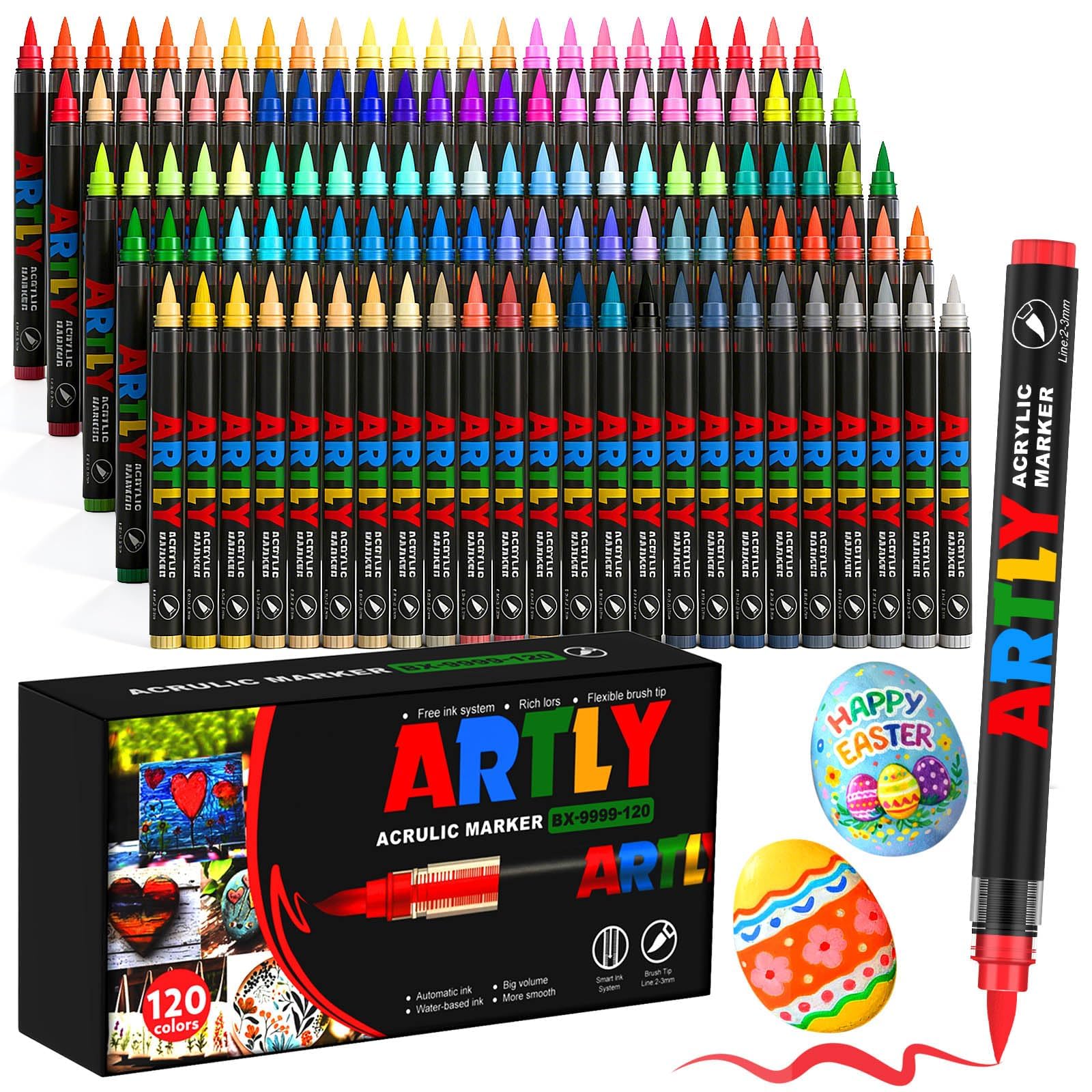 Efimeso Farben Acrylstifte für Steine Wasserfest Set, Multimarker Pinselstifte Acrylic Paint Marker für Stein, Keramik, Holz, Stoff, Leinwand