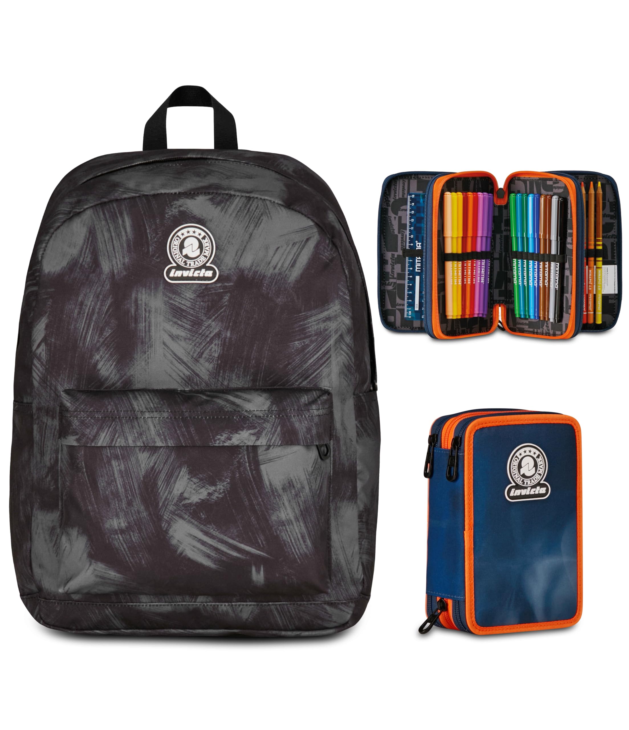 Invicta Zaino Ollie, Doppio Scomparto, Brushed Black, Bambini e Ragazzi, nero/verde + Astuccio 3 Zip, Completo di Matite e colori, Elementari, Medie, Superiori, Smoky Blue, blu/arancione