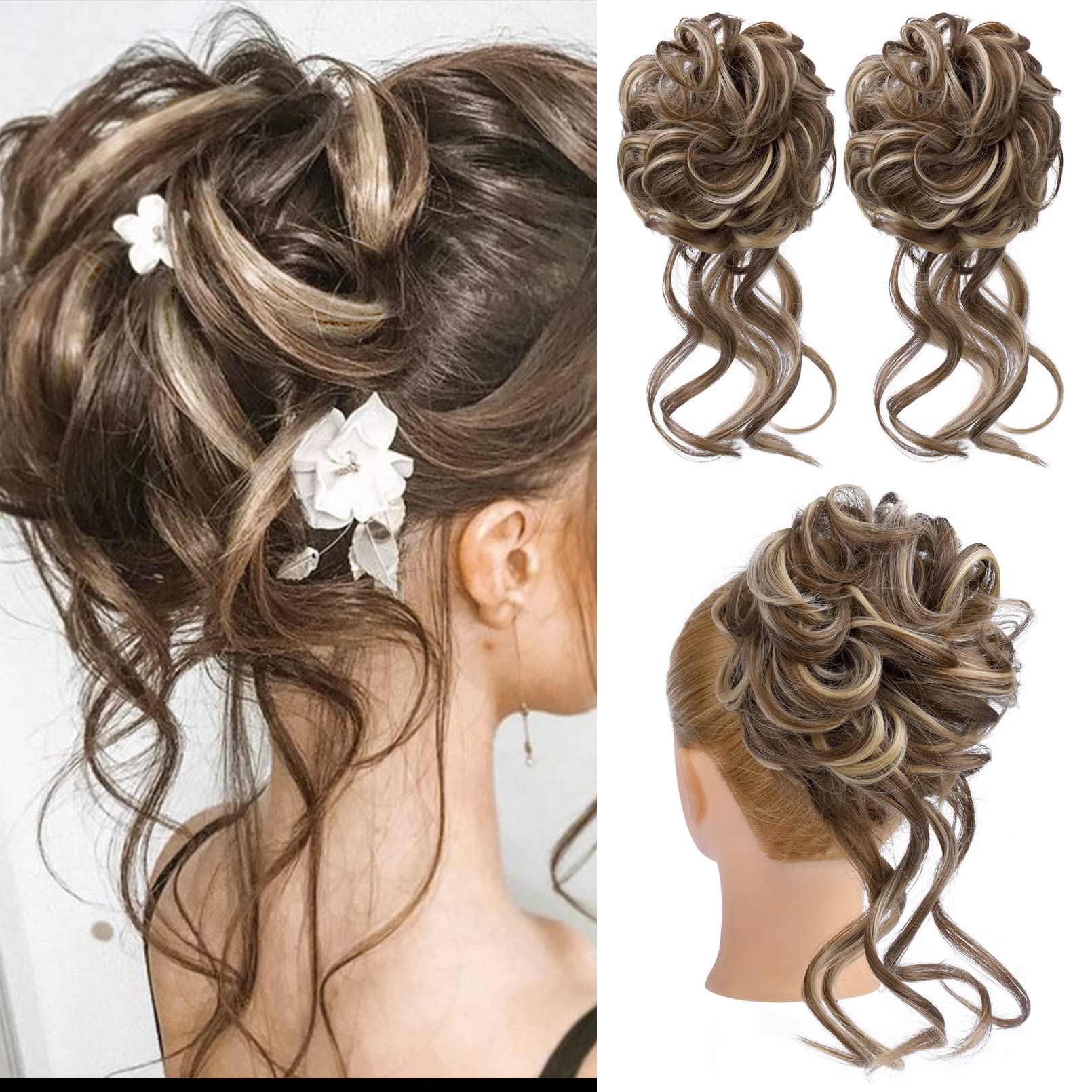 HOOJIH 2PCS Messy Bun Hair Piece, Tousled Updo With Tendrils Extensions, Wavy Curly Wrap Ponytail Hairpieces Scrunchies for Women HB010 Dasiy - Light