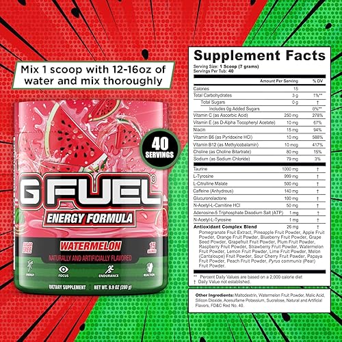 Miniatura 6 de G Fuel Sandía Energía en Polvo  9.8 oz Bañera (40 porciones)  Bebida Energética Natural, Suplemento Energético y Enfoque