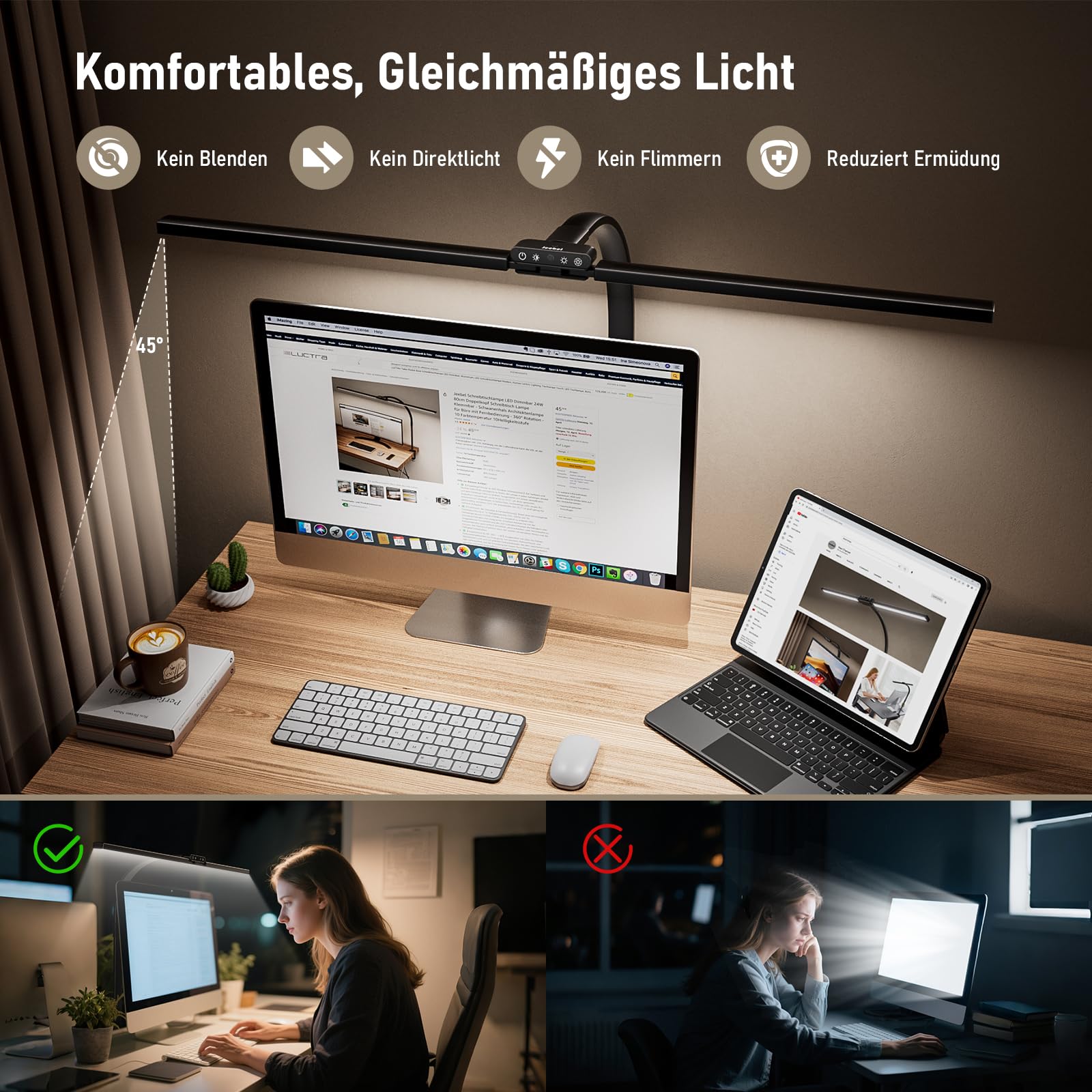 Jeebel LED Schreibtischlampe Dimmbar 24W, 1800LM 80cm Doppelkopf Schreibtisch Lampe mit Fernbedienung, Klemmbar(9,5cm), 10 Farbtemperatur 10 Helligkeitsstufe, Schwanenhals Lampe Tischlampe für Büro