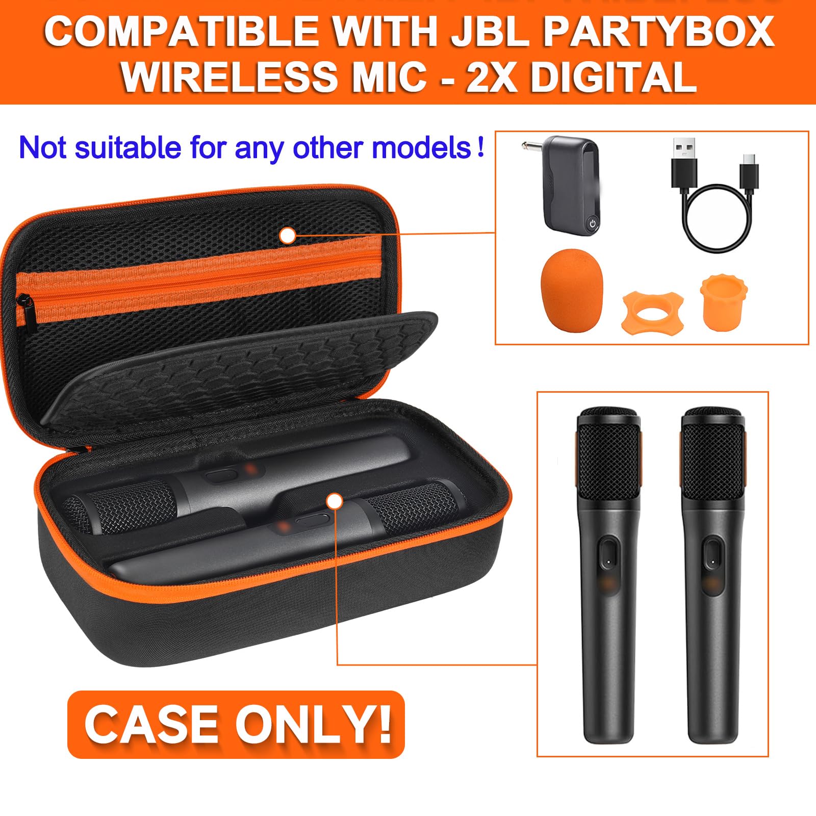 Étui pour microphone sans fil compatible JBL PartyBox – 2 microphones numériques sans fil, sac de rangement portable pour récepteurs, adaptateurs, piles AA, chargeur, noir