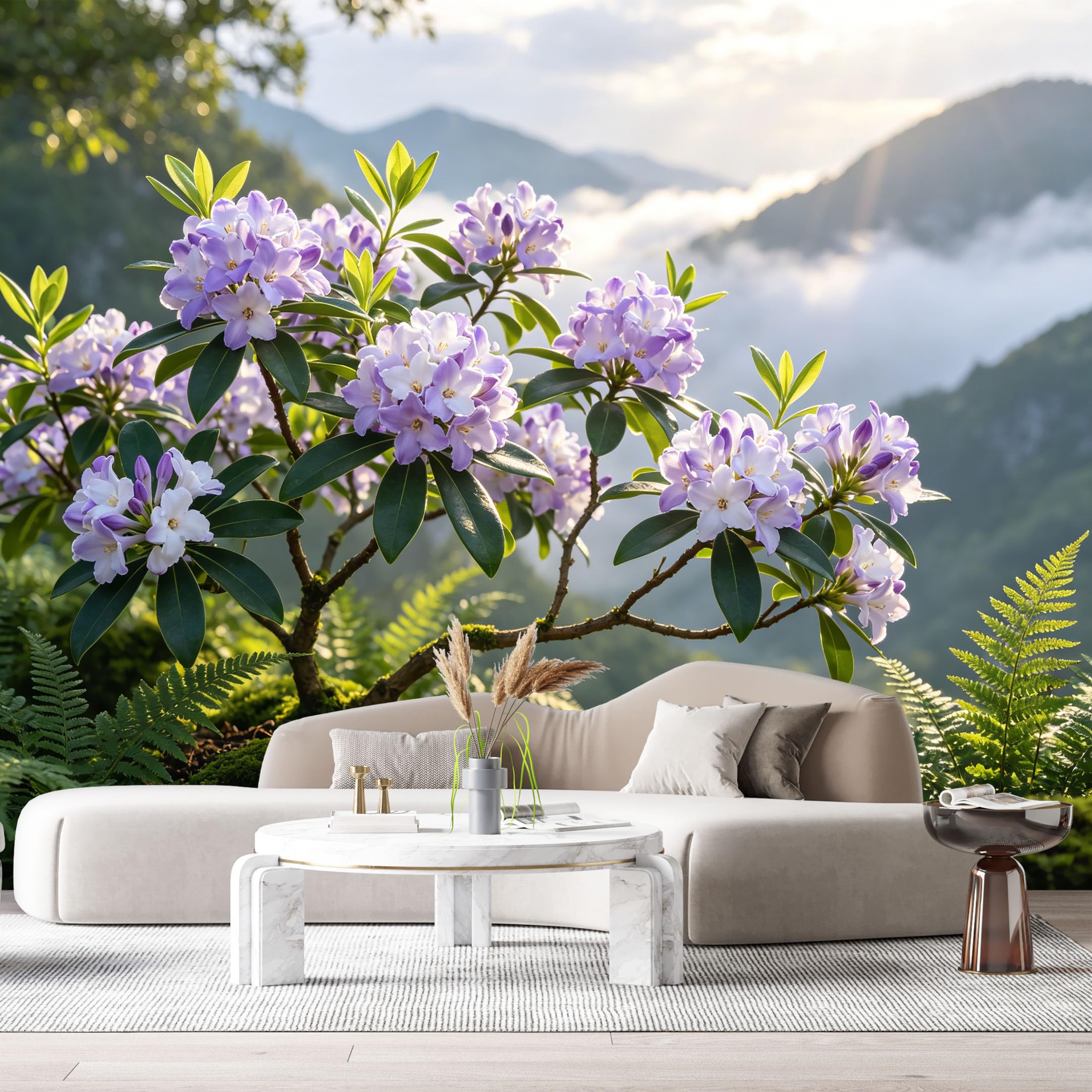 Custom Size Wall Murals Botanical Mountain Lake Watercolor Rhododendron Flowers Misty Peaks Landscape SelfAdhesive Wall Fabric Removable Large Wallpaper for Photo Living Room