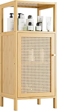Bamboo Floor Cabinet, Bathroom Storage Organizer Rack with Single Rattan Door and 1 Shelf, Small Wooden Side Cupboard Stand for Entryway, Laundry, Kitchen, Living Room Natural