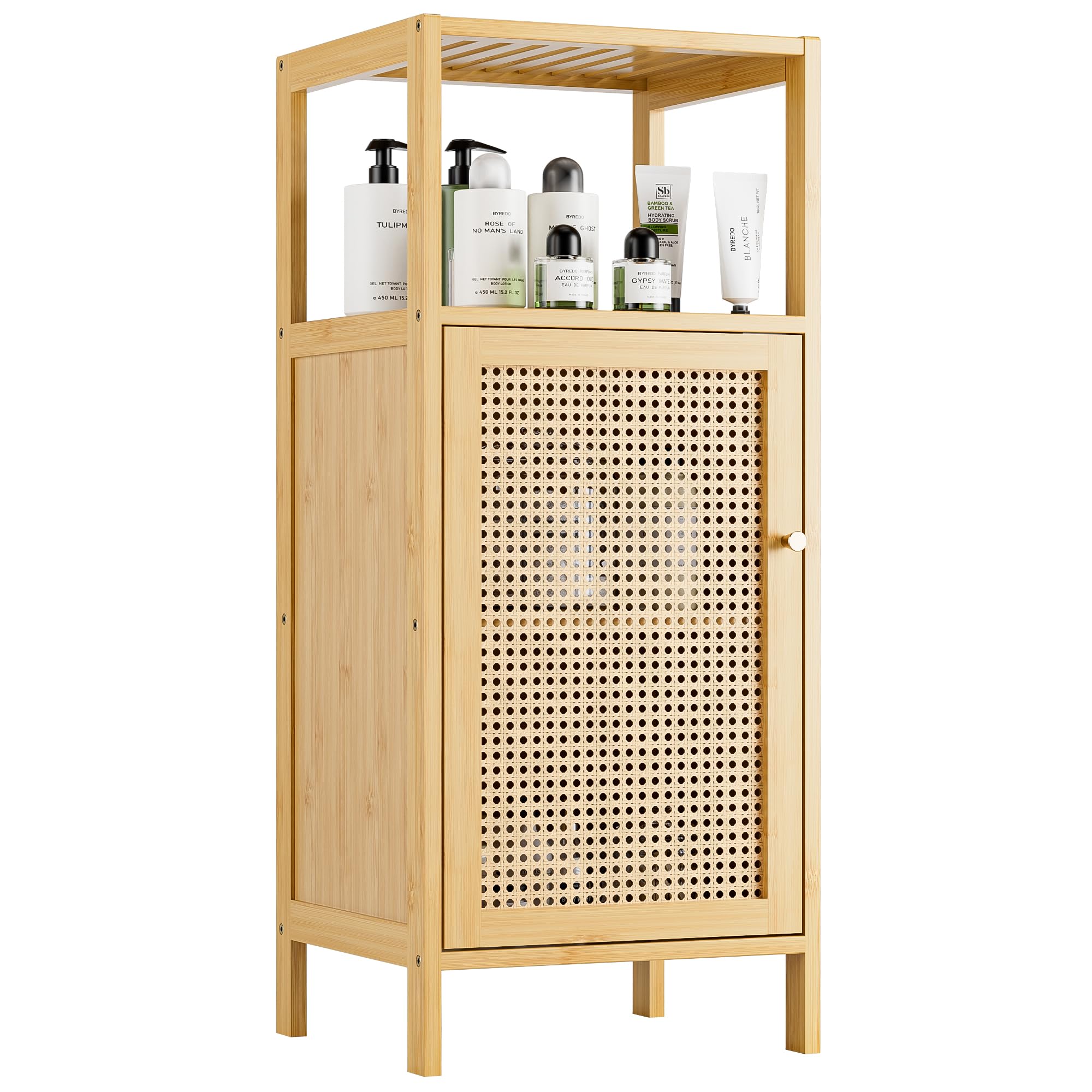 Armoire au Sol en Bambou, Rangement pour Salle de Bain avec Porte en Rotin et 1 Étagère, Petit Placard Latéral en Bois pour Entrée, Buanderie, Cuisine ou Salon (Naturel)