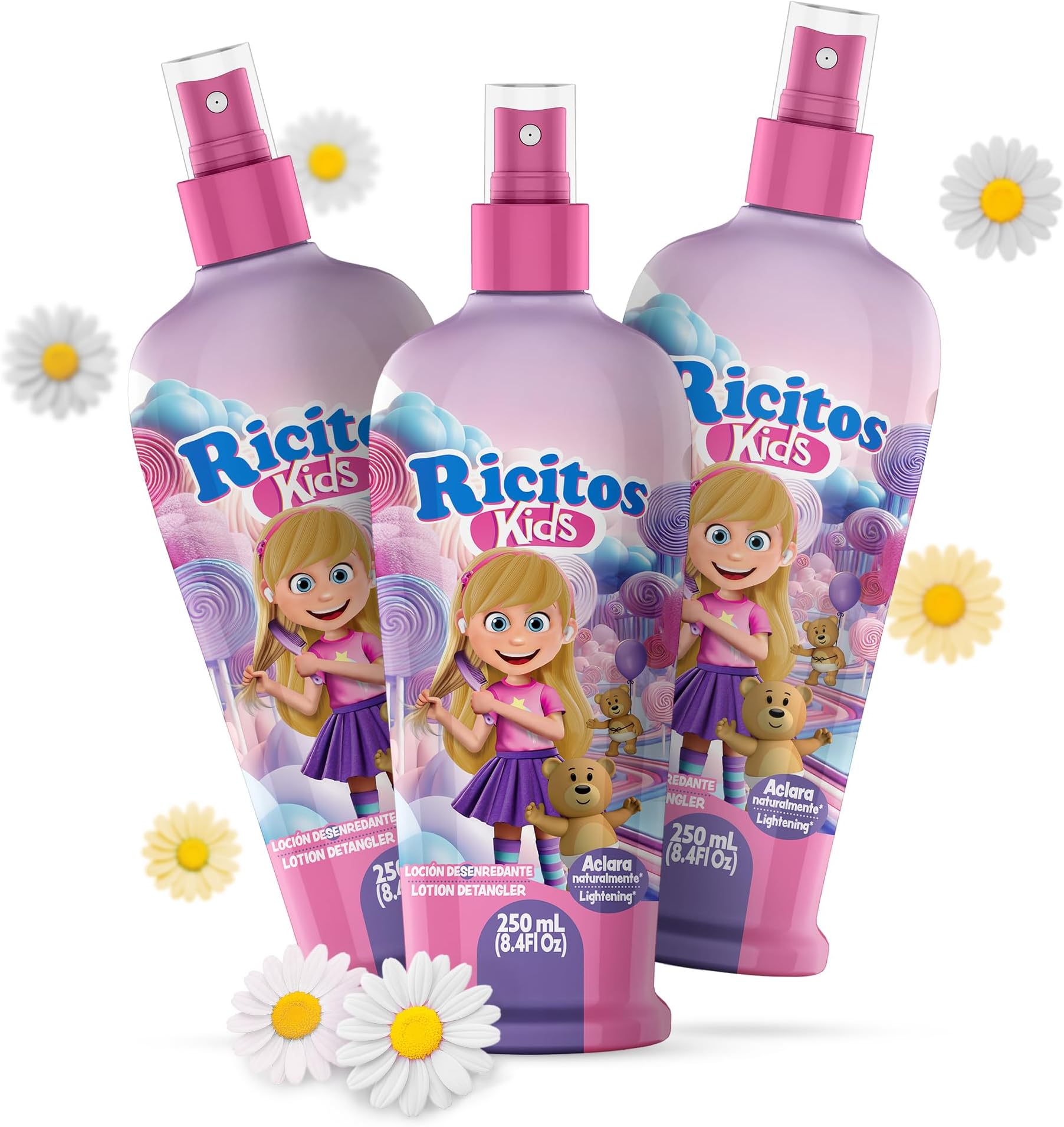 Ricitos Kids Chamomile Hair Lotion Leave-In Detangler, Natural Lightening Spray for Girls, Gentle Paraben-Free Formula for Easy Brushing, Knot-Free Hair, Soft Texture and Shine, 8.4 Fl Oz, Pack of 3