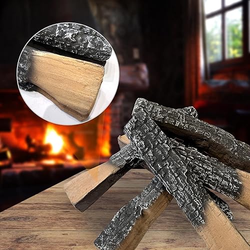 Vista 11 de MrGas - Juego de 10 troncos de chimenea falsos de tamaño pequeño con conos de pino, insertos de gas para chimenea de madera de cerámica, troncos