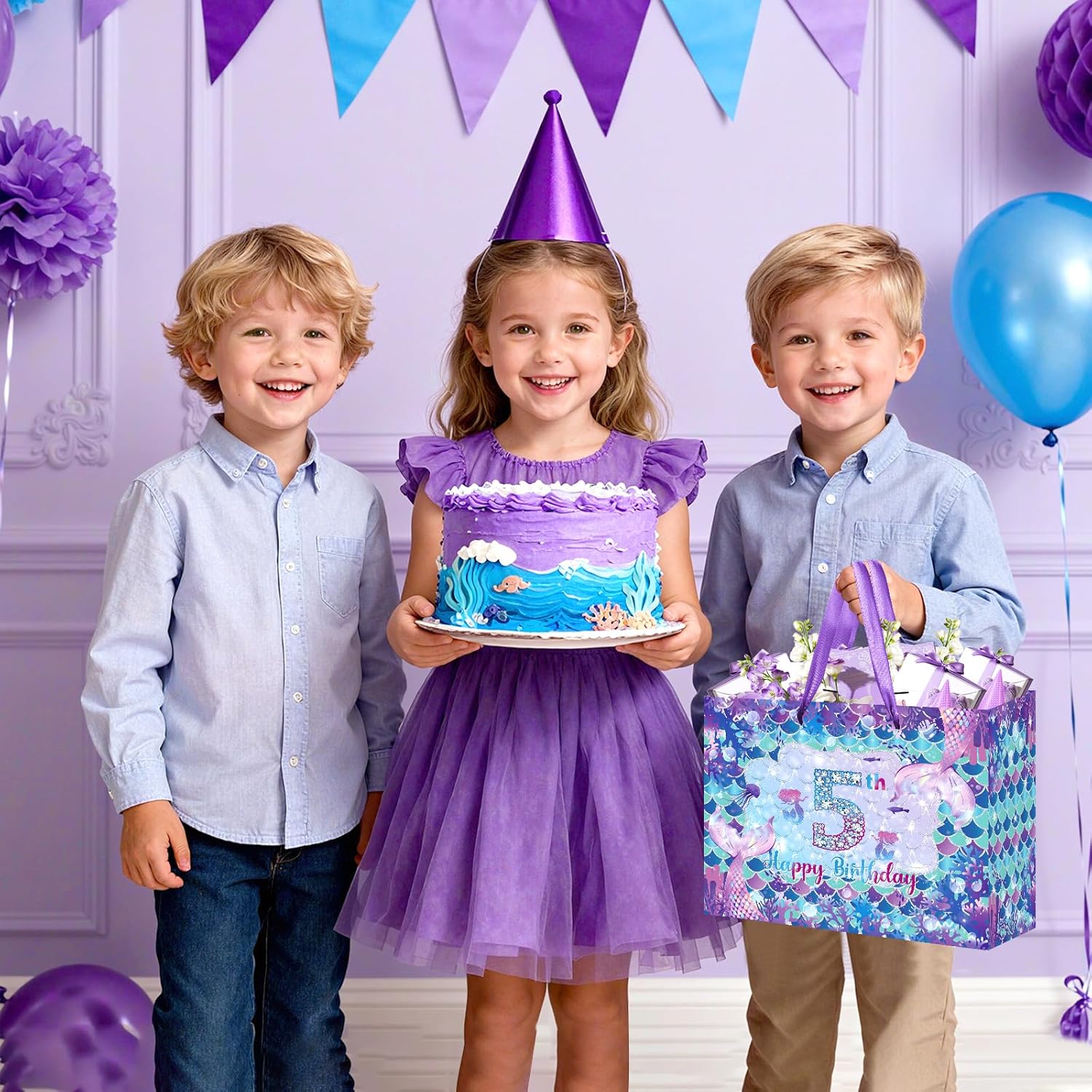 LUUFILx 5th Mermaid Birthday Gift Bag for Girls 5th Purple Mermaid Theme Birthday Wrapping Paper with Tissue Paper Greeting Card Purple Gift Bags with Ribbon Handle for Baby Shower Decor Supplies - Image 6