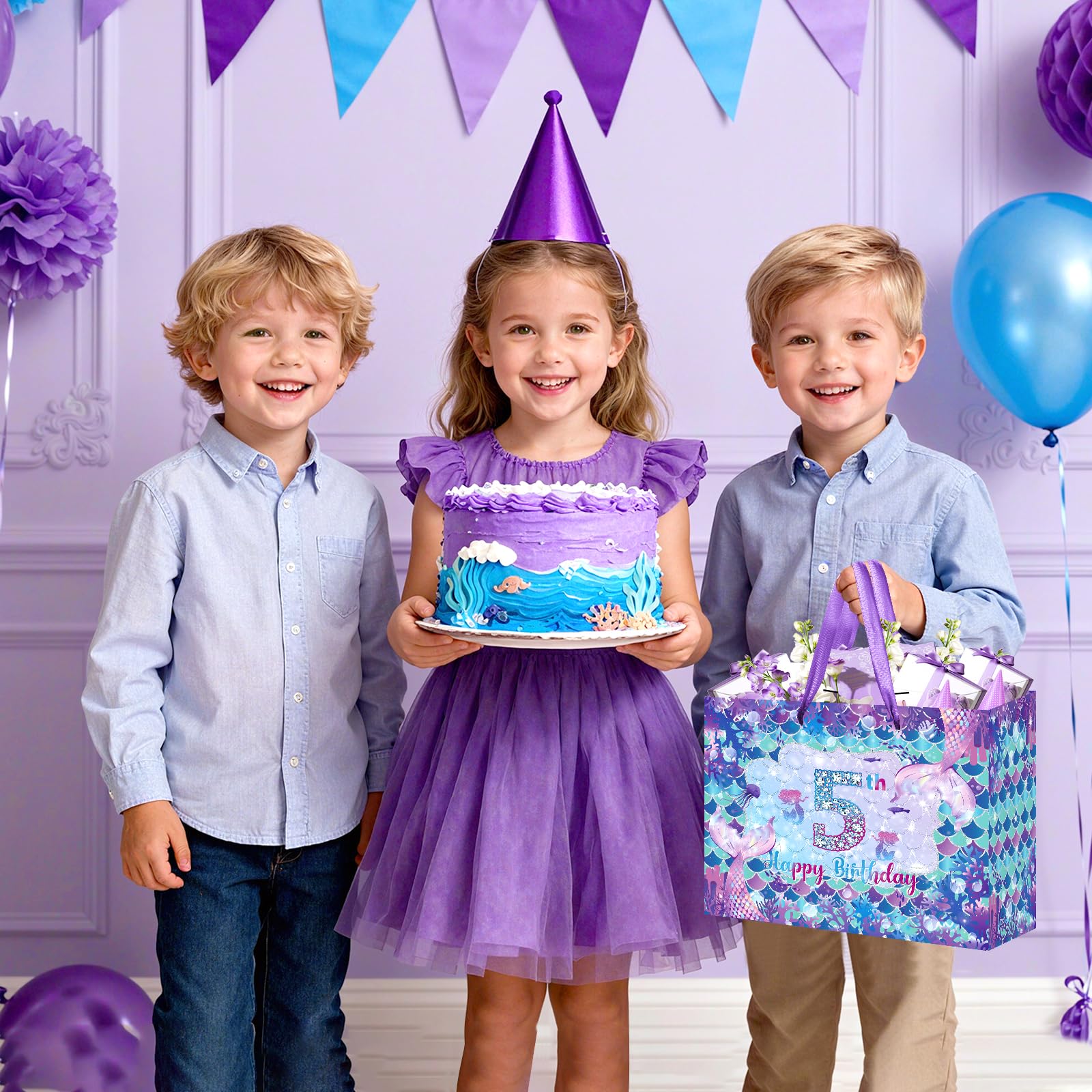 LUUFILx 5th Mermaid Birthday Gift Bag for Girls 5th Purple Mermaid Theme Birthday Wrapping Paper with Tissue Paper Greeting Card Purple Gift Bags with Ribbon Handle for Baby Shower Decor Supplies