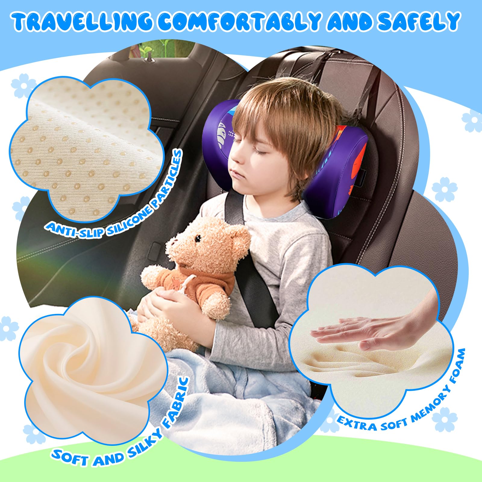 auvstar Reposacabezas Coche Niño,Sujeción Cabeza Silla Coche,Protector Cinturon Coche Niños,Coche Con Soporte Cabeza Extraíble,Suave,Ajustable,Adecuado Tanto Para Adultos Como Para Niños (Dinosaurio)