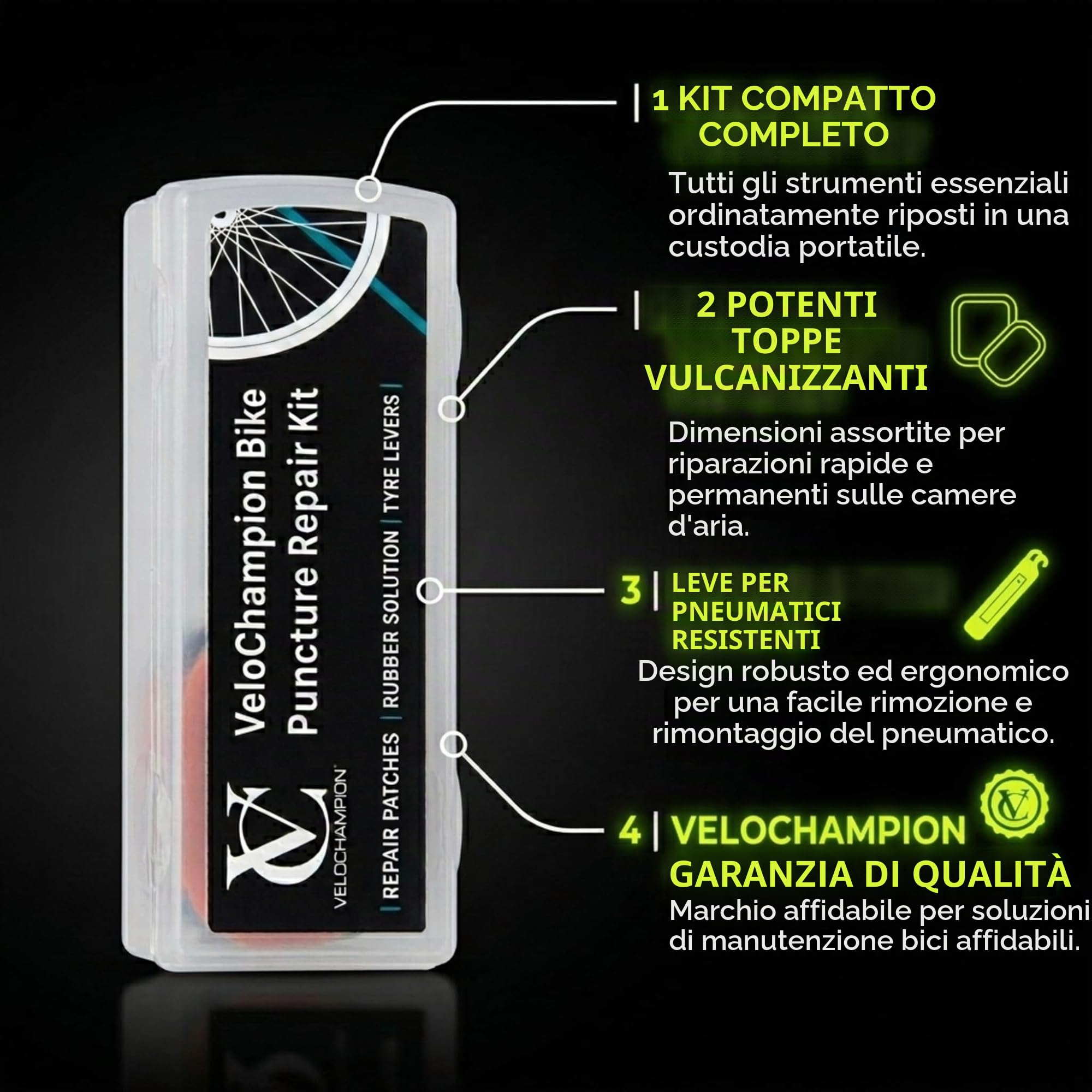 VeloChampion Kit di Riparazione Forature per Bici con Soluzione Vulcanizzante e Custodia Portatile. Per Bici da Strada, MTB e City Bike. Include 11 Toppe di Riparazione e 3 Leve Smontacopertoni.