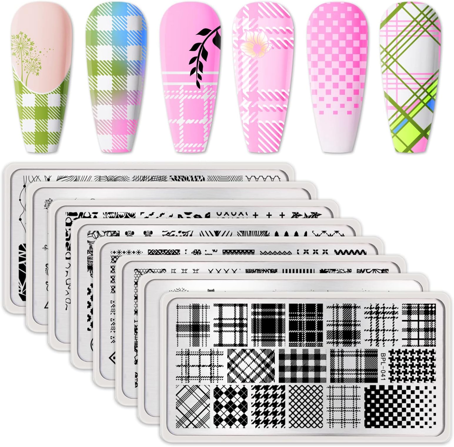 Born Pretty Nail Stamping Plates Set Plaid Flowers Leaves Lace Nail Art Image Plates Spring into Winter Stamp Templates Kit Image Manicuring DIY Printing Tools 8PCS
