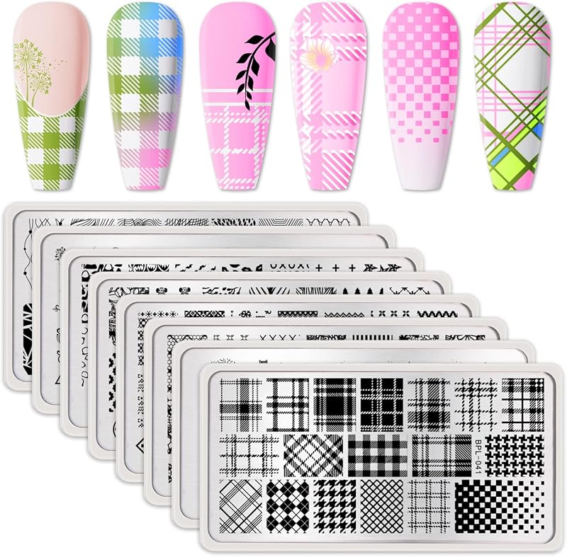 Born Pretty Juego de placas de estampado de uñas, flores a cuadros, hojas, encaje, placas de imágenes para arte de uñas, kit de plantillas de sellos de primavera a invierno, herramientas de impresión DIY para manicura de imágenes, 8 piezas | Placas de imágenes para decoración de uñas, Kit de plantillas de sellos de primavera en invierno, herramientas de impresión DIY para manicura de imágenes, 8 Uds.