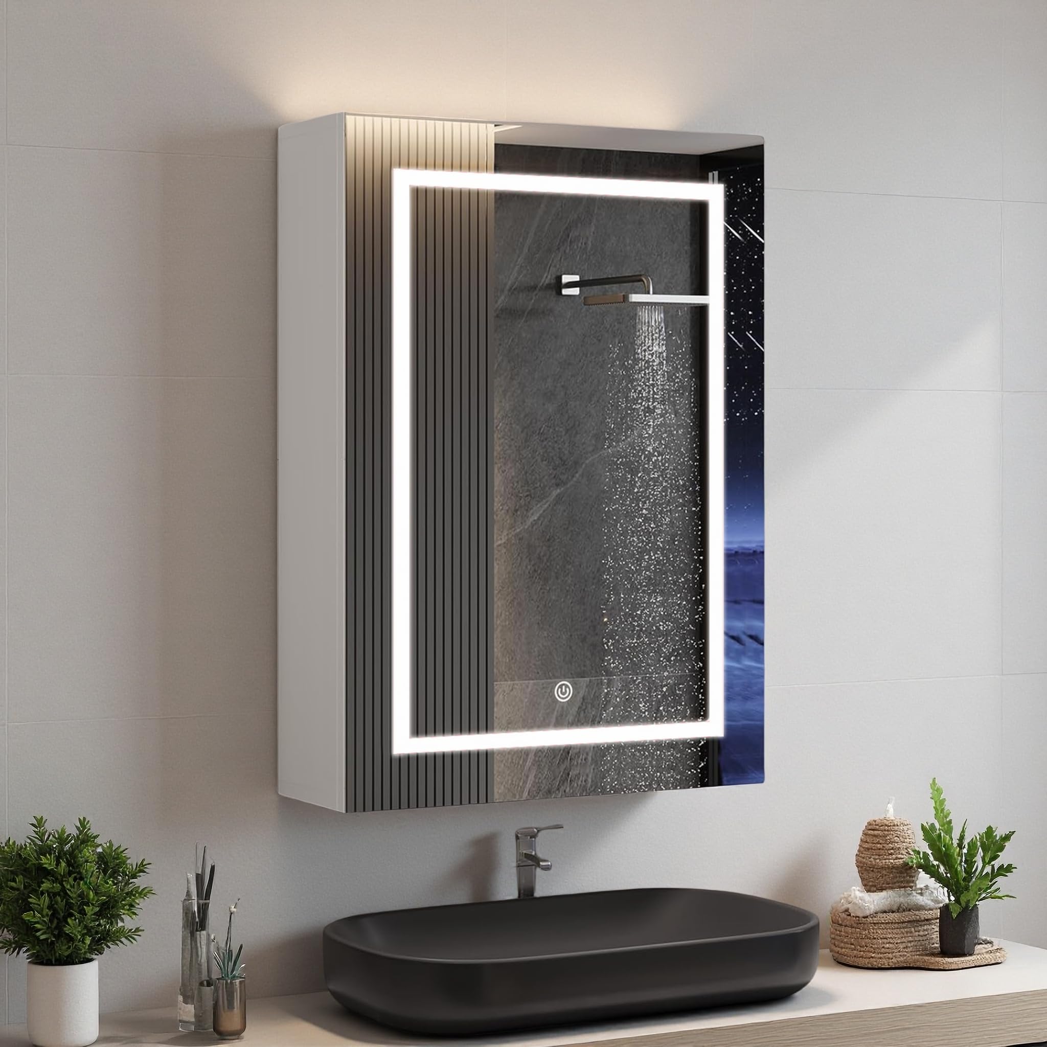 BRILVERDE Szafka łazienkowa z lustrem z oświetleniem LED, 50 x 70 cm, 3 kolory światła, szafka łazienkowa z przełącznikiem dotykowym i regulowanym regałem