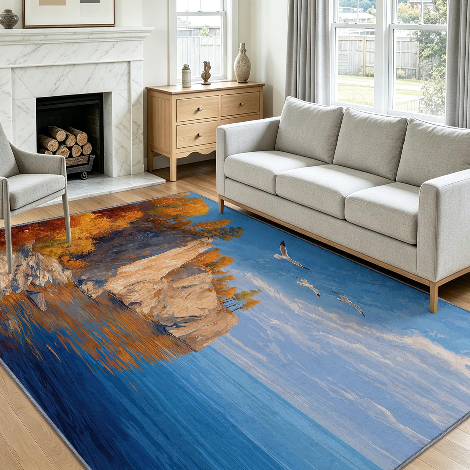 Tappeto lavabile per soggiorno con paesaggio naturale, 240 x 300 cm, grande tappeto per interni a pelo basso scogliera con foglie autunnali, antiscivolo, super morbido, per camera da letto, sala da