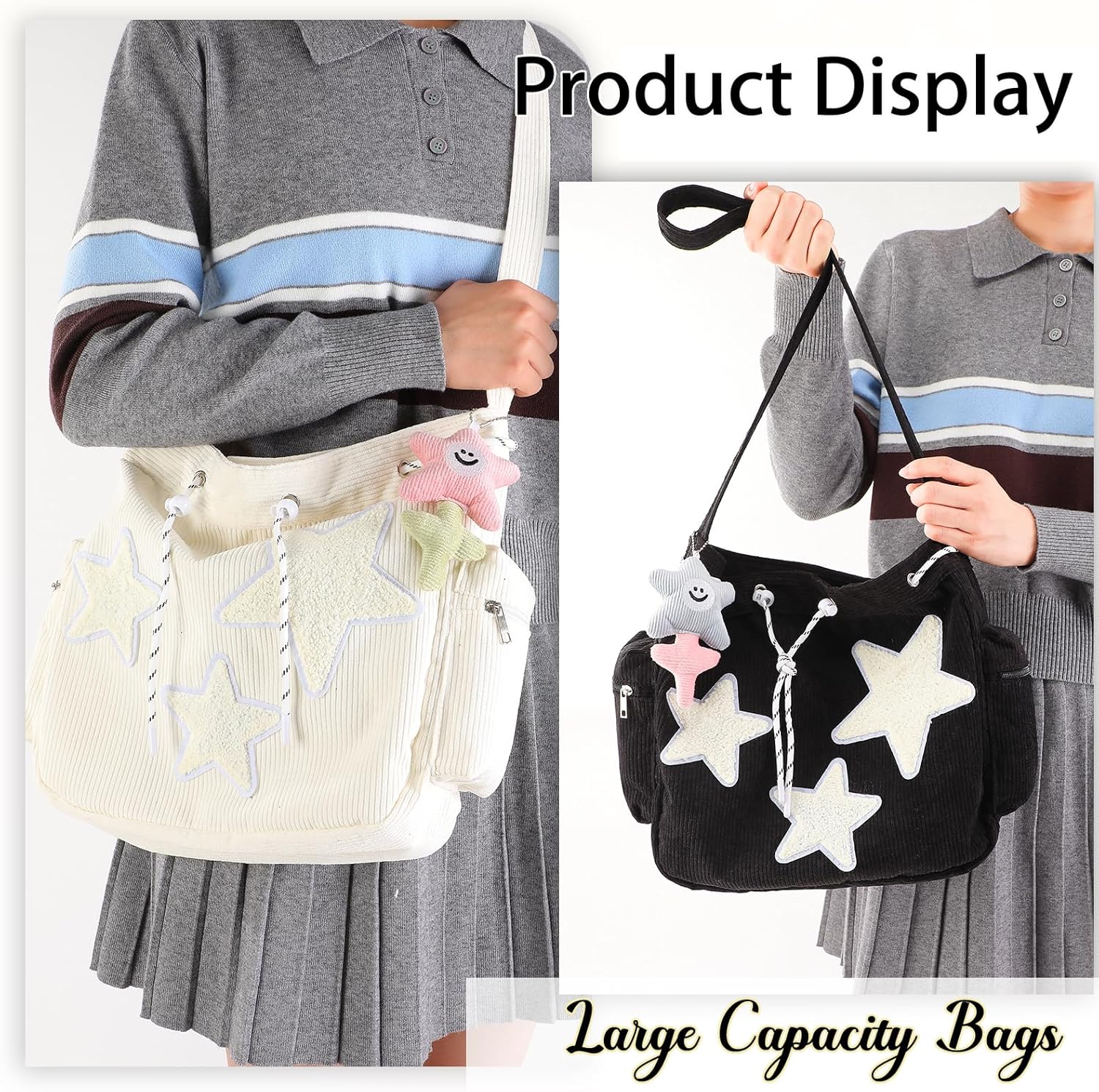 2 Pack Star Crossbody Bag Women Y2K Hobo Bag Corduroy Tote Bag Aesthetic Messenger Bag Large Capacity Cute Shoulder Bag - Image 7