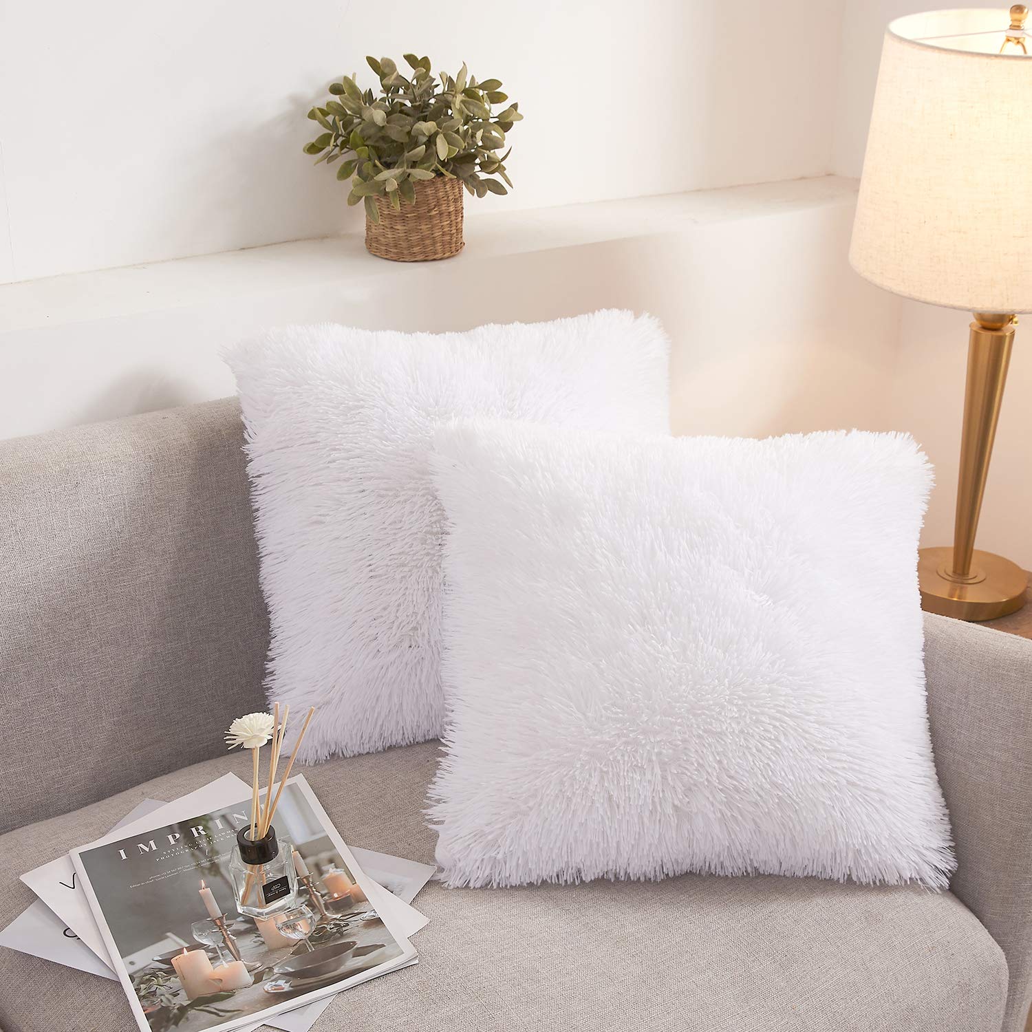 XeGe Faux Fur Throw Pillow Covers, Shaggy Fluffy Cushion Covers, Plush Furry Pillow Cases, Fuzzy Decorative Pillow Shams with Zipper Set of 2 for Sofa