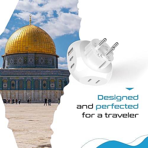 Vista 3 de Ceptics Israel, Palestine Travel Plug Adapter - Tipo H - 5 entradas con 20W PD-QC 3.1A Dual USB-C y USB - Peso ligero - Perfecto para teléfonos