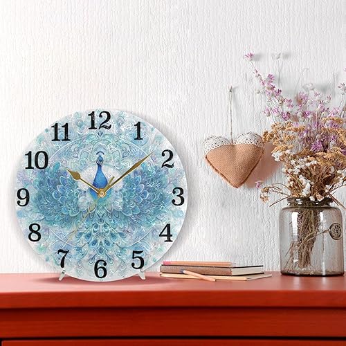 Miniatura 6 de KLL Mandala Peacock Pattern Blue 10 Inch Round Wall Clock Retro no Ticking Noise Deco for Dining Room School Bathroom reloj de pared para cuartos