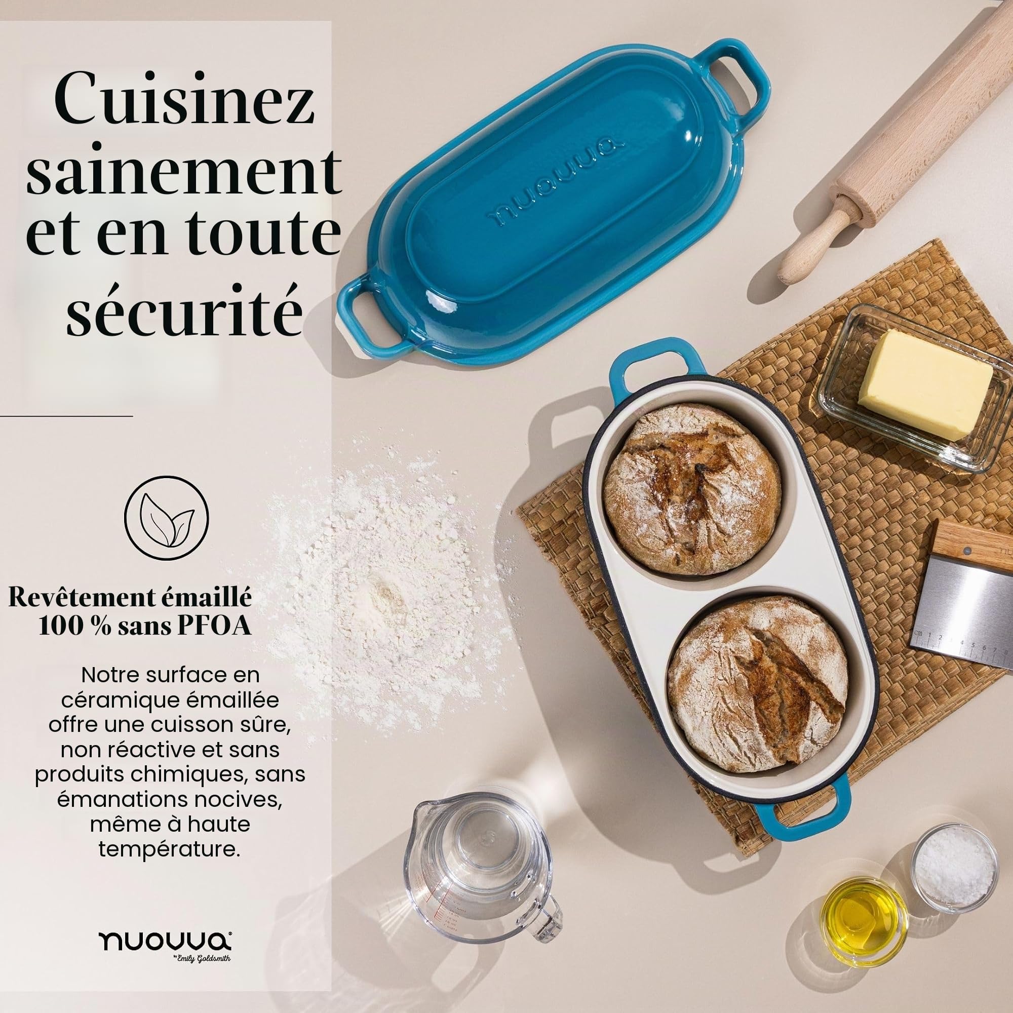Faitout pour la cuisson du pain au levain – Pot à pain en fonte émaillée – 260 °C – Passe au four – Double espace rond pour pain, 16,5 cm de diamètre, bleu clair Nuovva