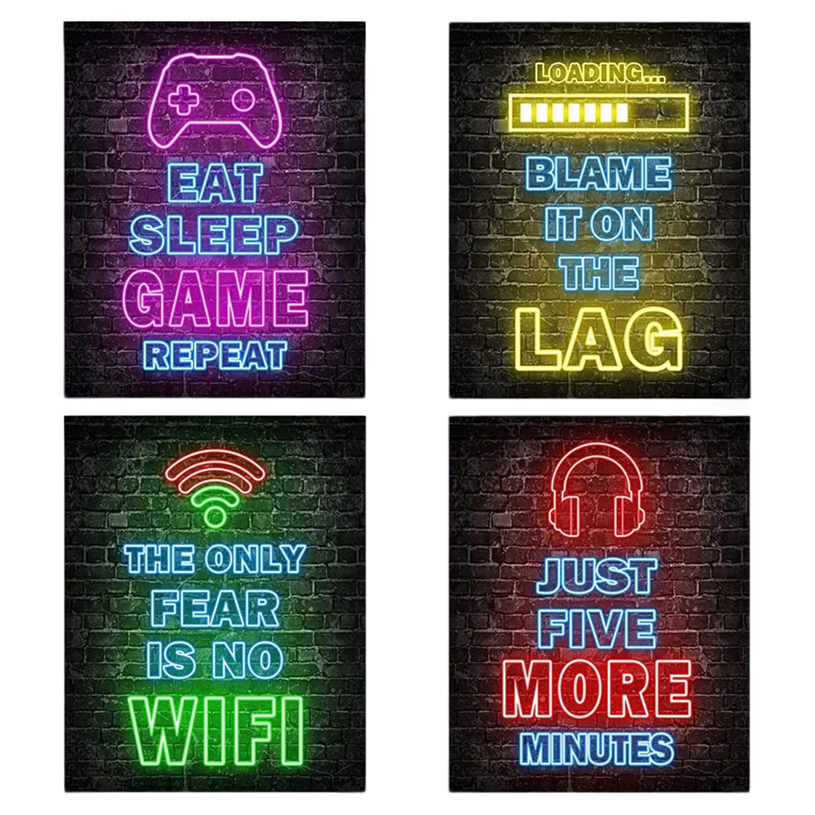 Chersun Boys Neon Gaming Posters, 4Pcs Gaming Wall Art Unframed Canvas Prints For Bedroom Decor, Signs, Gamer Wall Decor Room Accessories, Playroom Watercolor Gamers Wall Hanging Art Decor