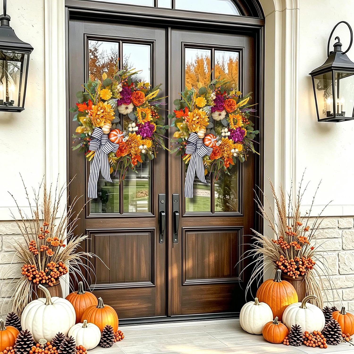 24 Inch Artificial Fall Wreaths for Front Door Outside with Striped Bow