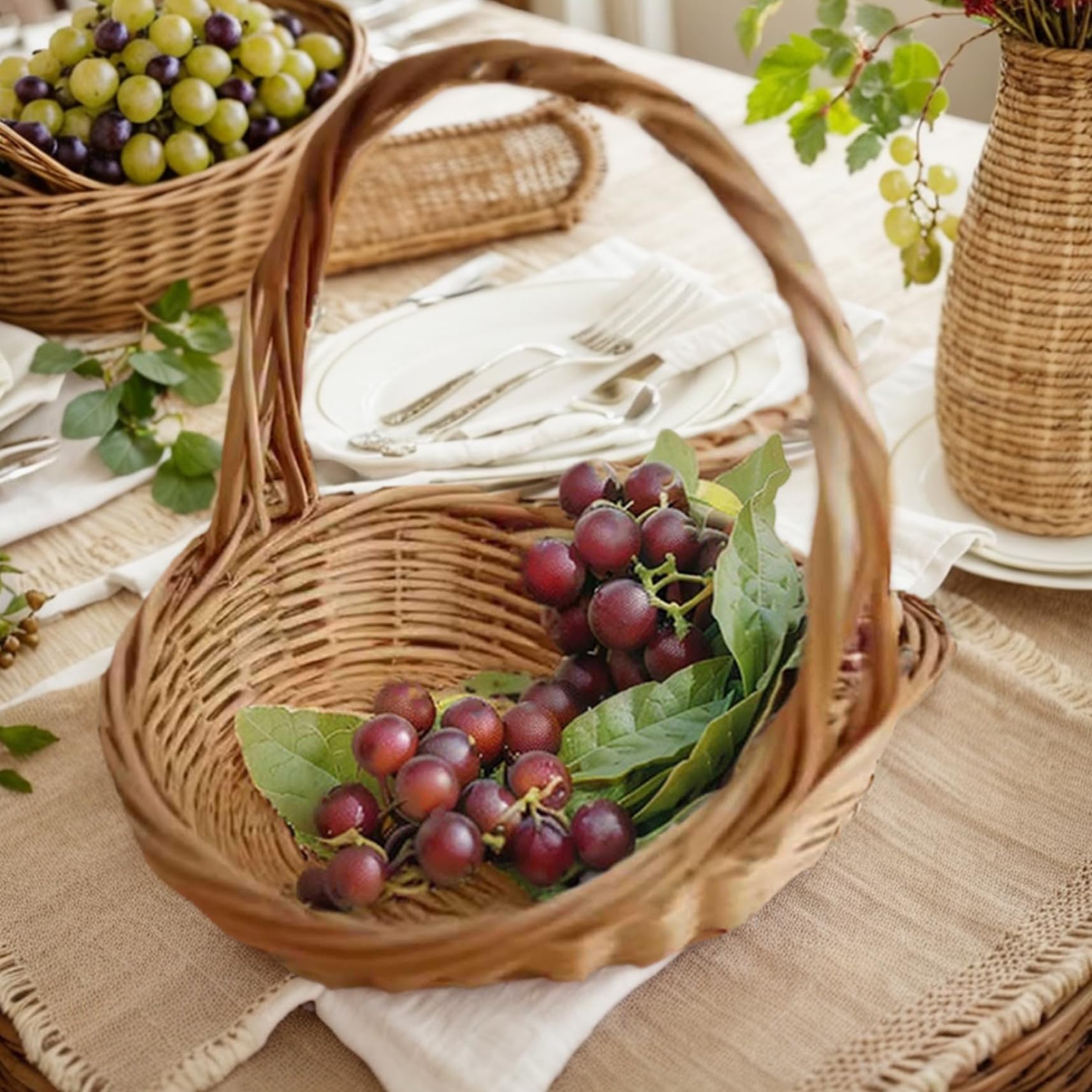 Cestino di vimini con manico da 2 pezzi cestino da giardino per la raccolta di verdure naturale wicker fiore di raccolta tessuta portatile