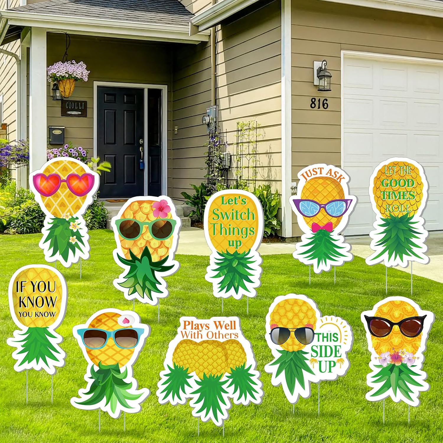 Amyhill 12 Pcs Upside Down Pineapple Yard Sign Outdoor Tropical Pineapple Lawn Stake Summer Party Yard Signs Tropical Pineapple Themed Party Decorations for Beach Patio Garden Festive Atmosphere