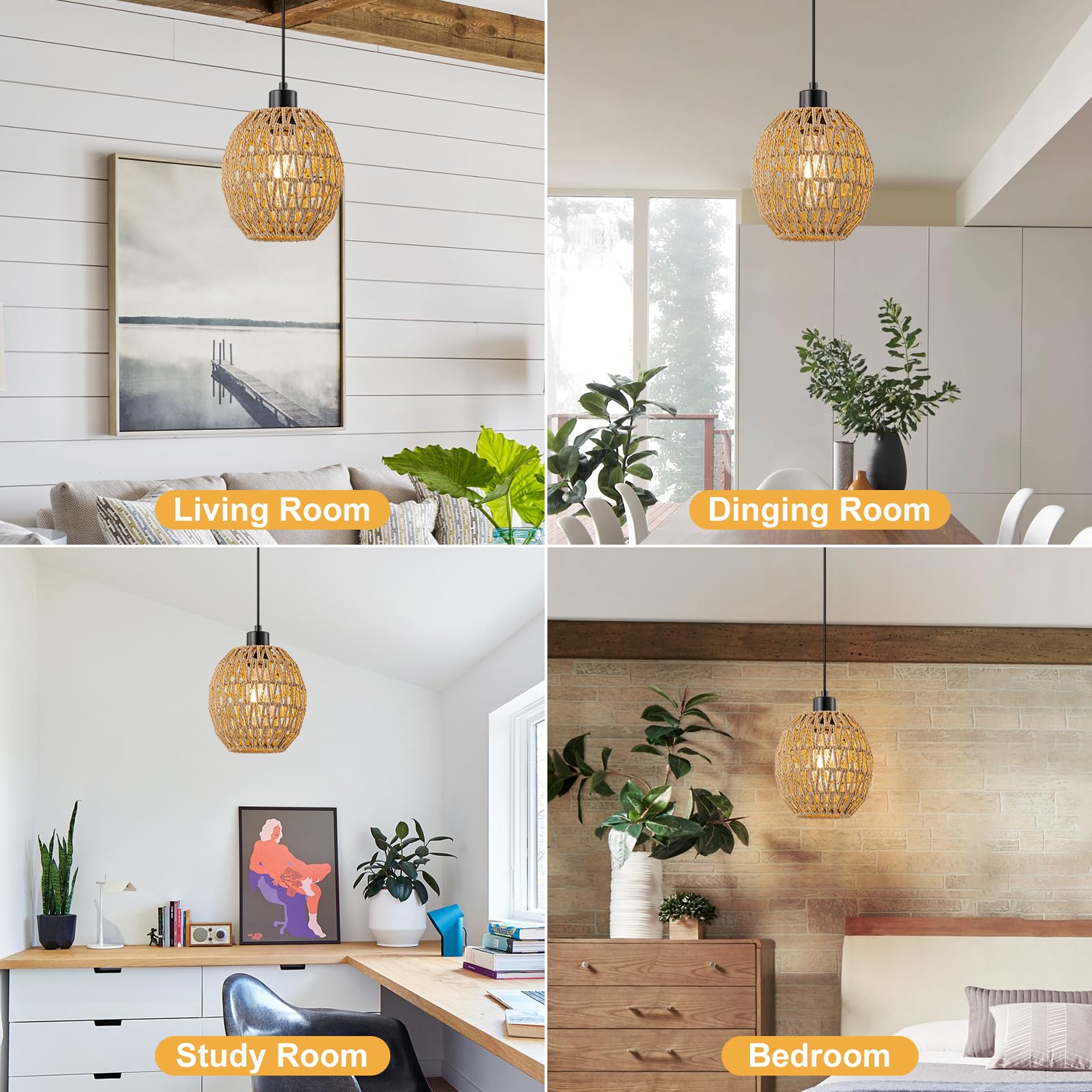 WILON Lampada a sospensione con spina, lampada a sospensione in rattan, lampada da tavolo da pranzo | Con cavo da 4,5 m, lampada da appendere alla finestra, E27, per soggiorno, camera da letto, bar, giardino, terrazza